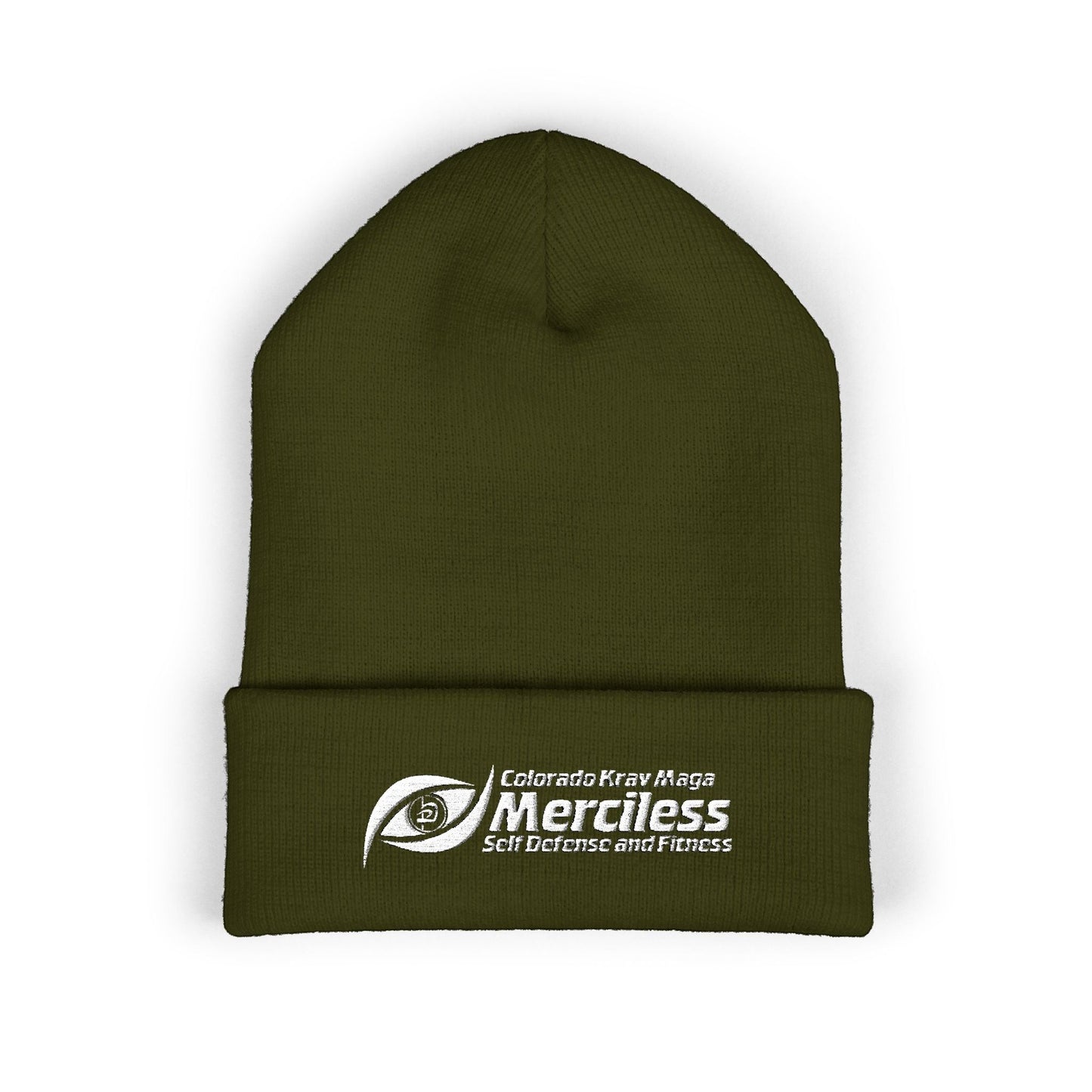 Immortal Krav Maga olive green 100% turbo acrylic cuffed beanie with embroidered logo and text "Merciless Self Defense and Fitness".