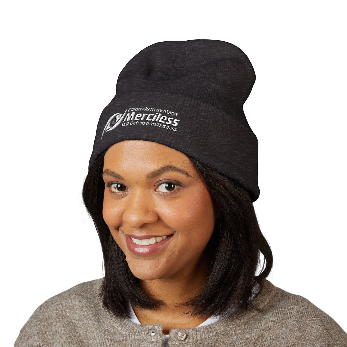 Immortal Krav Maga Merciless embroidered charcoal grey 100% turbo acrylic cuffed beanie for self defense and fitness.