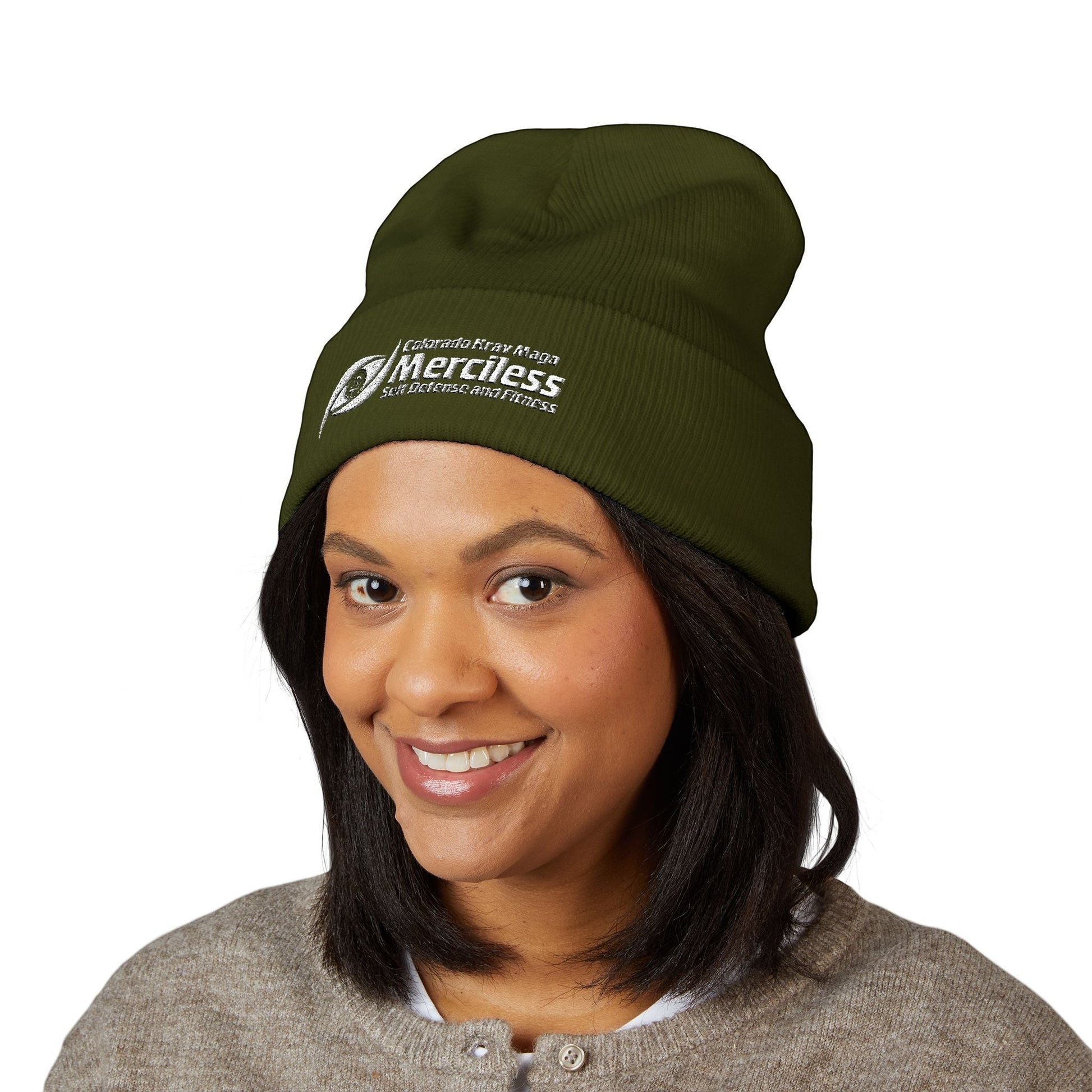 Immortal Krav Maga Merciless embroidered cuffed beanie in olive green, made of 100% turbo acrylic.