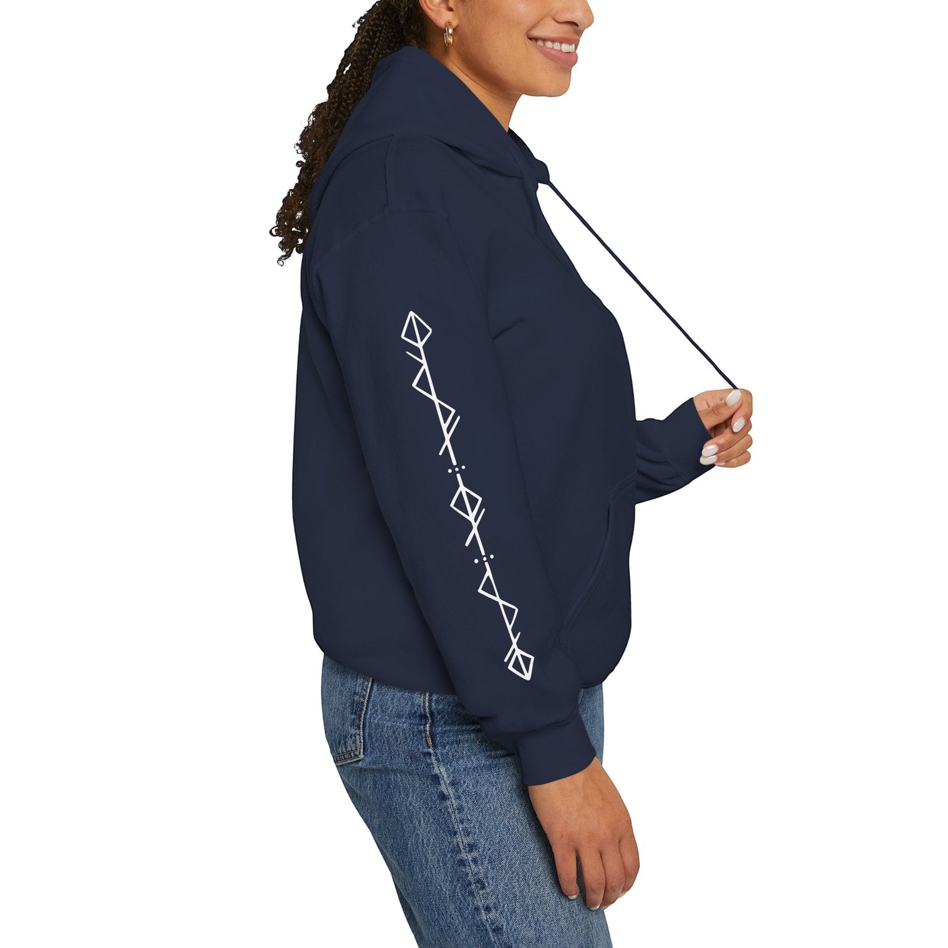 Immortal Krav Maga navy blue cotton-poly blend hoodie with white geometric sleeve design. Kangaroo pocket.