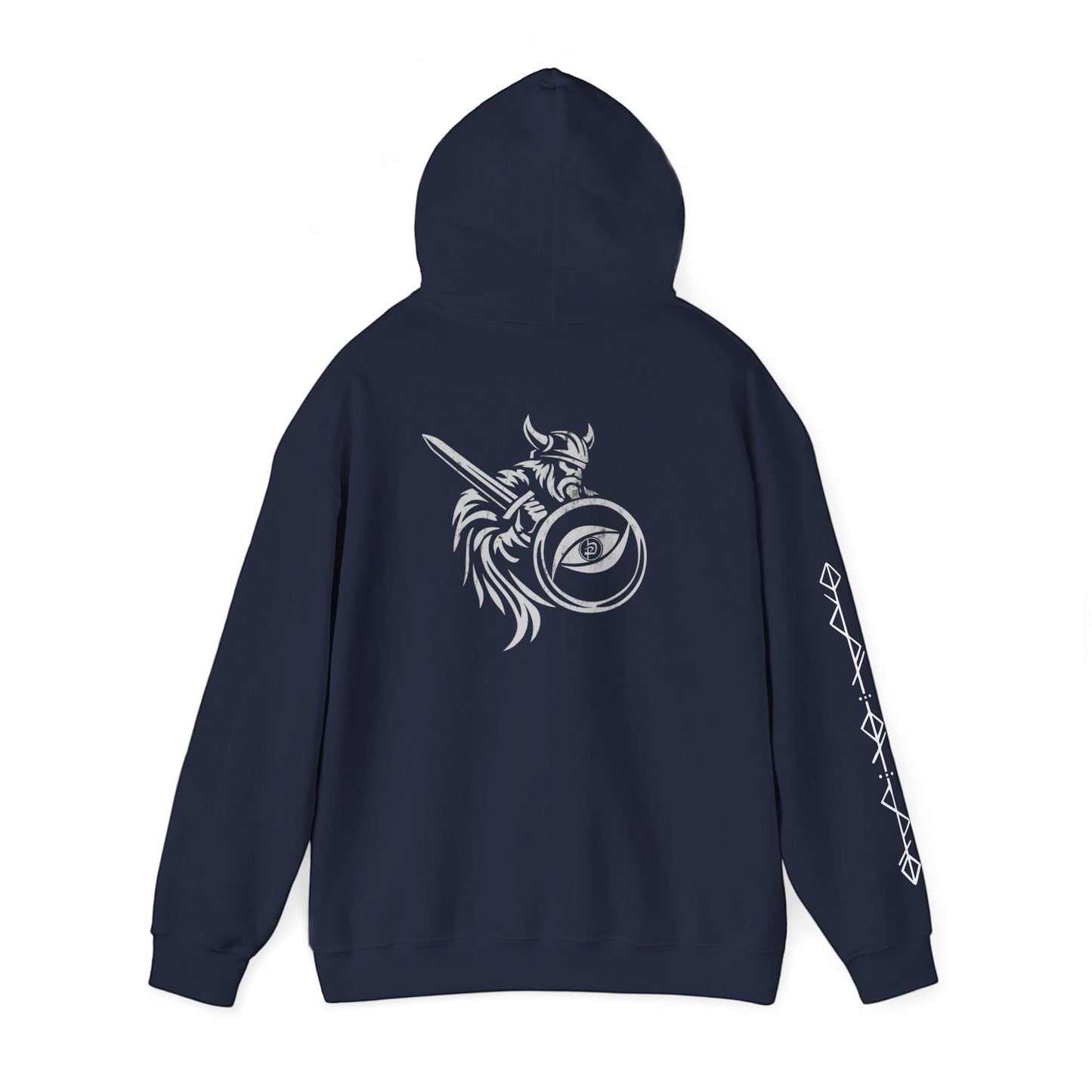 Immortal Krav Maga navy blue hoodie with a white Viking warrior graphic on the back and geometric pattern on the sleeve.