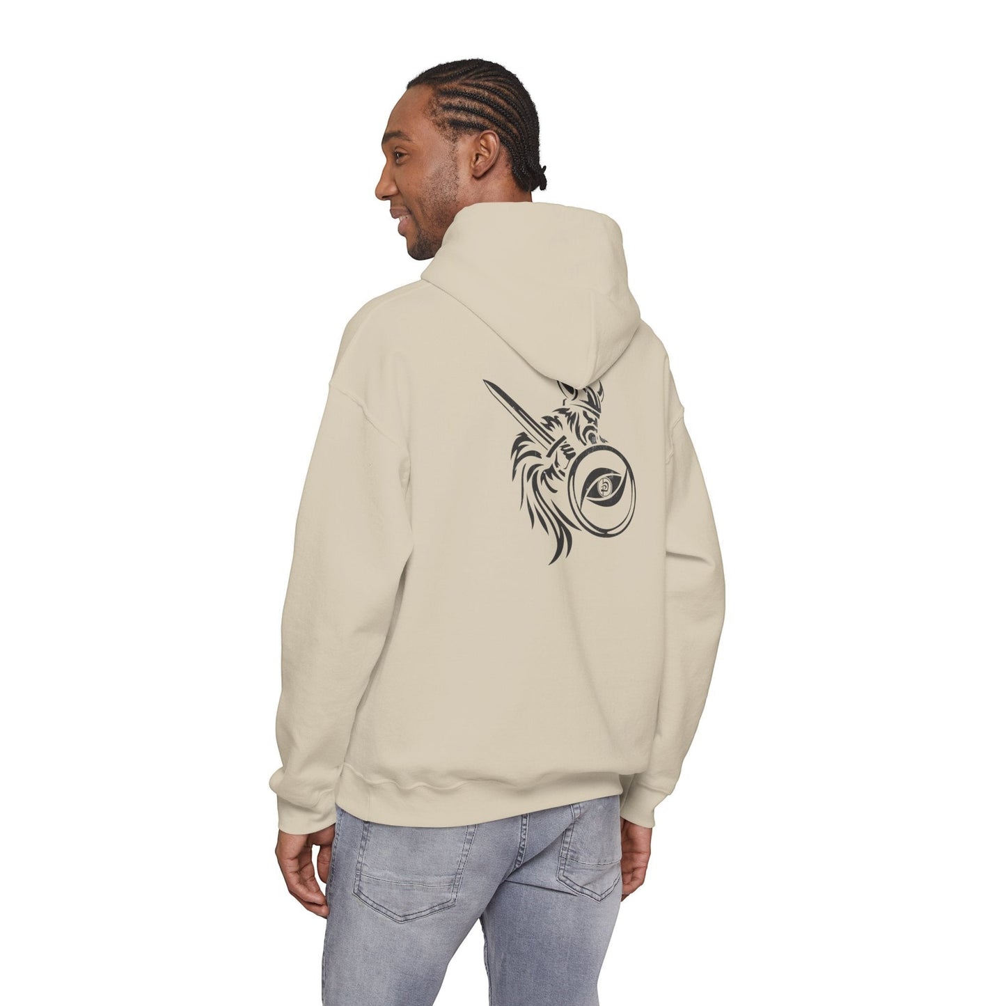 Immortal Krav Maga beige 50/50 cotton-poly blend hoodie with a Norse warrior graphic on the back.