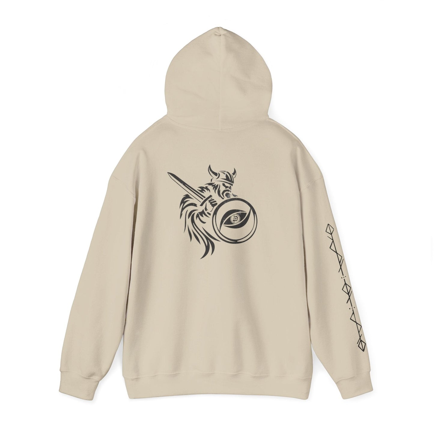 Immortal Krav Maga beige 50/50 cotton-poly blend hoodie with Norse warrior graphic on back and sleeve.