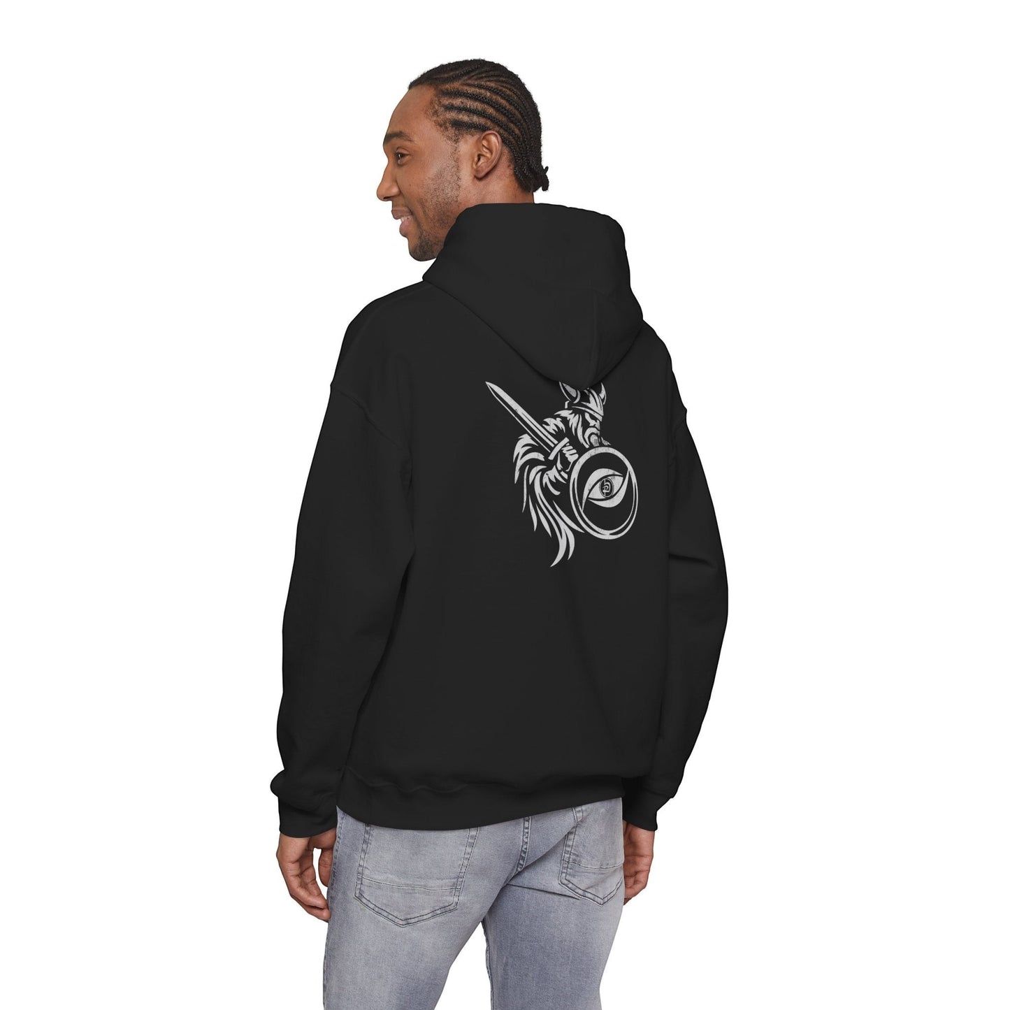 Immortal Krav Maga black 50/50 cotton-poly blend hoodie with Norse warrior graphic on back.