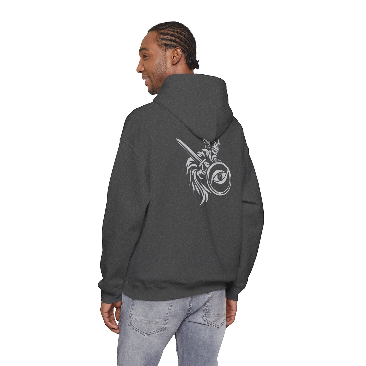 Immortal Krav Maga dark grey 50/50 cotton-poly blend hoodie with Norse warrior graphic on back.
