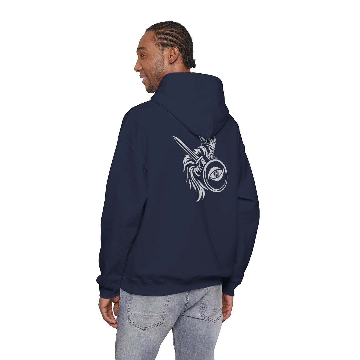 Immortal Krav Maga navy blue hoodie with a white Norse warrior graphic on the back. 50/50 cotton-poly blend.