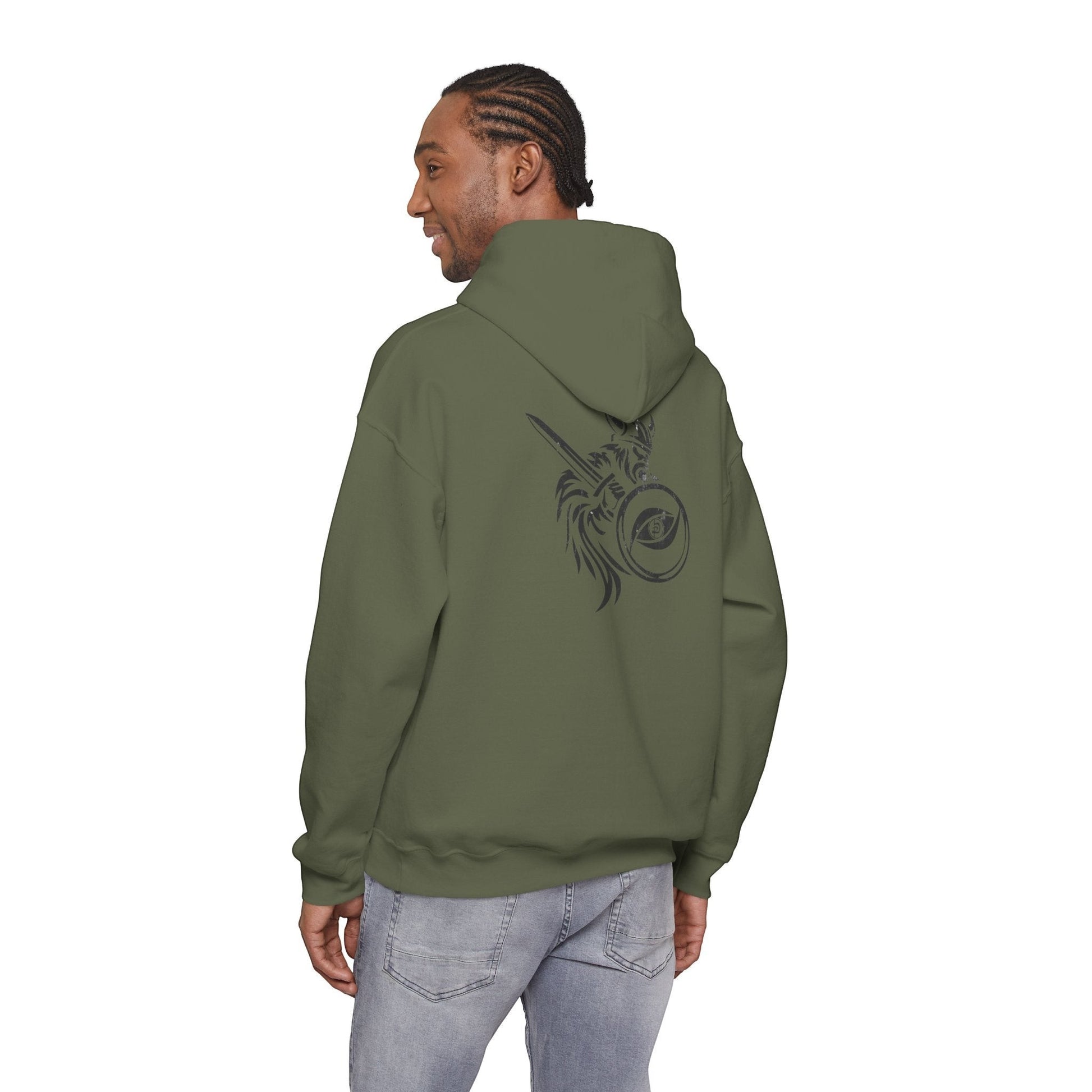 Immortal Krav Maga olive green cotton-poly blend hoodie with a Norse warrior graphic on the back.