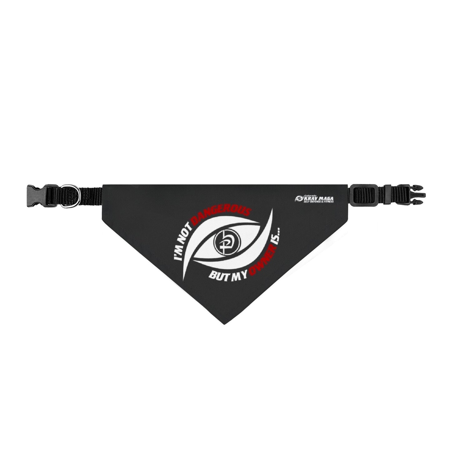Immortal Krav Maga black polyester clip-on pet bandana with "I'm not dangerous but my owner is..." text and eye graphic.