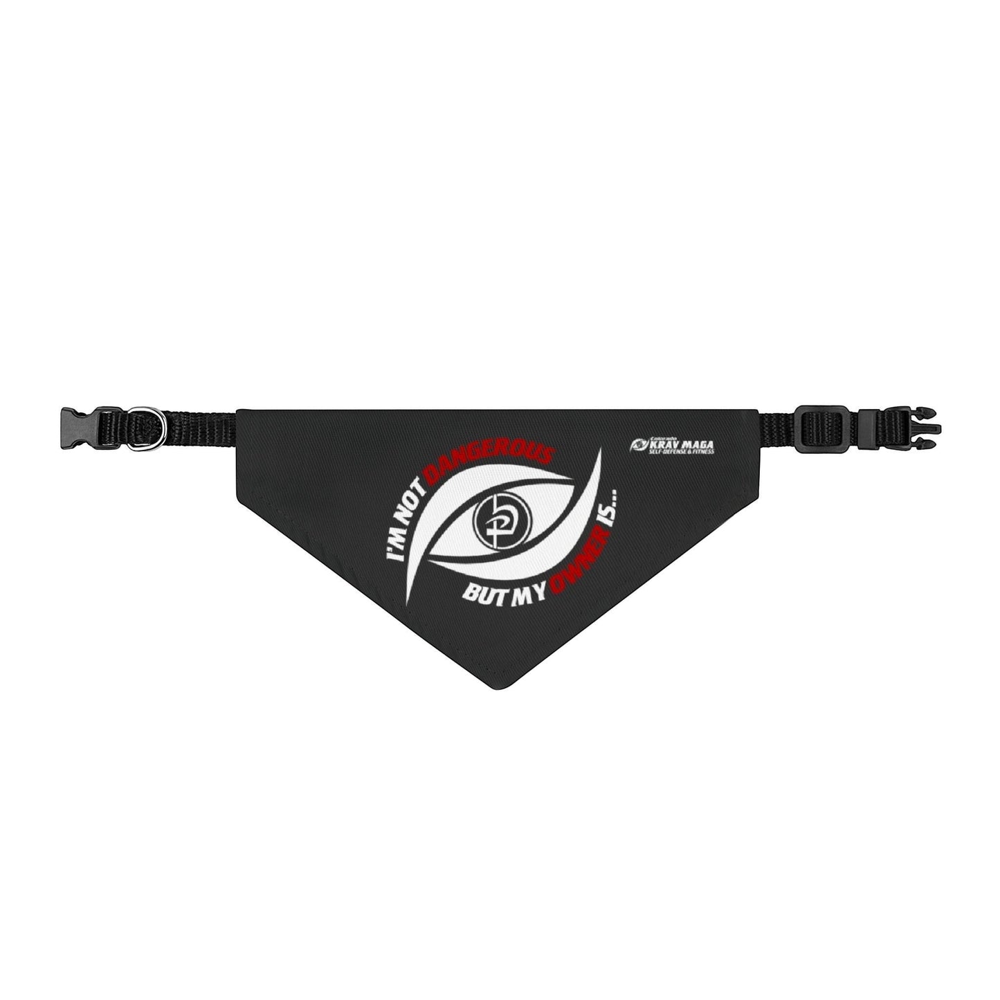 Immortal Krav Maga black polyester clip-on pet bandana with "I'm not dangerous but my owner is..." text and eye graphic.