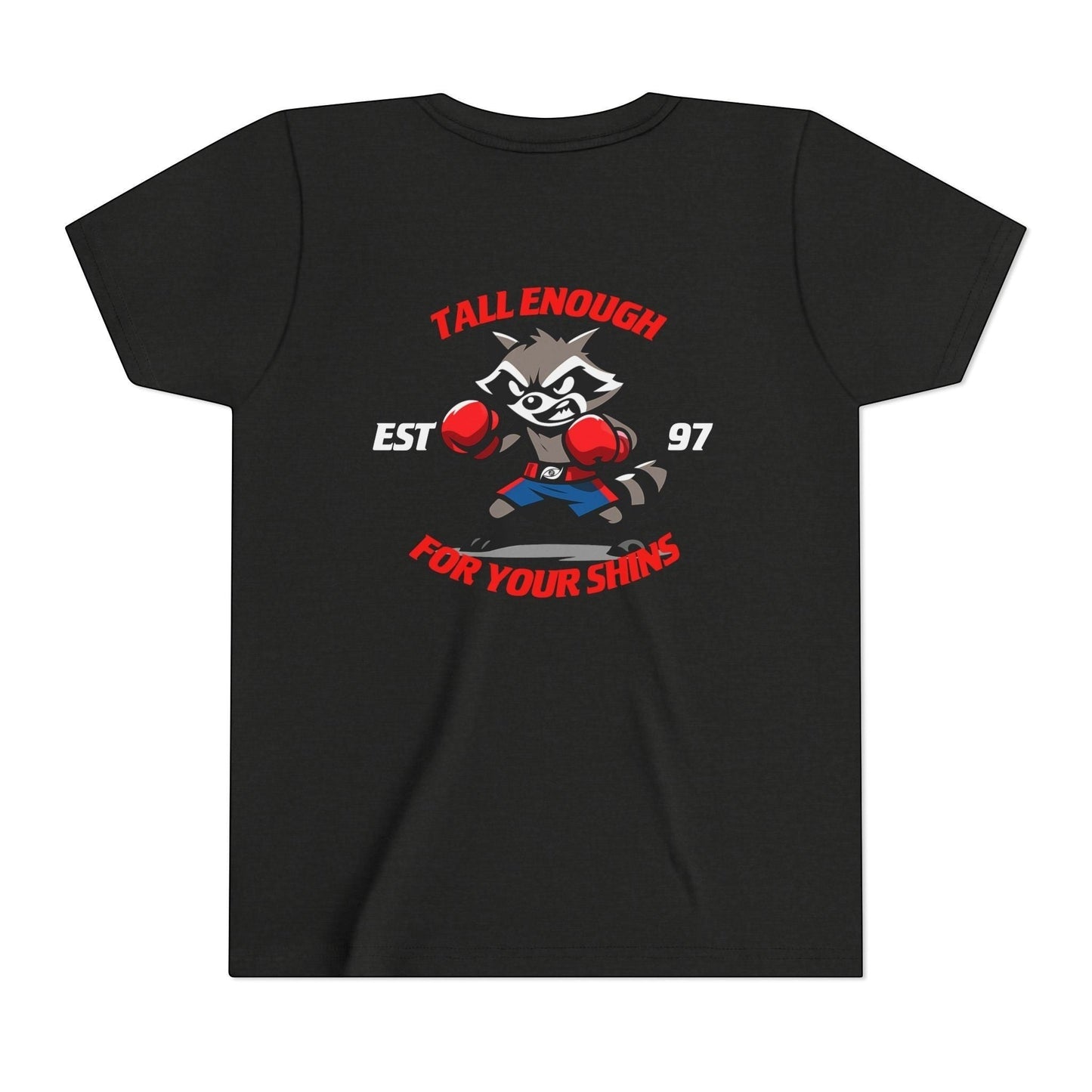 Immortal Krav Maga black 100% cotton youth t-shirt with a cartoon raccoon wearing boxing gloves and shorts, ready to fight.
