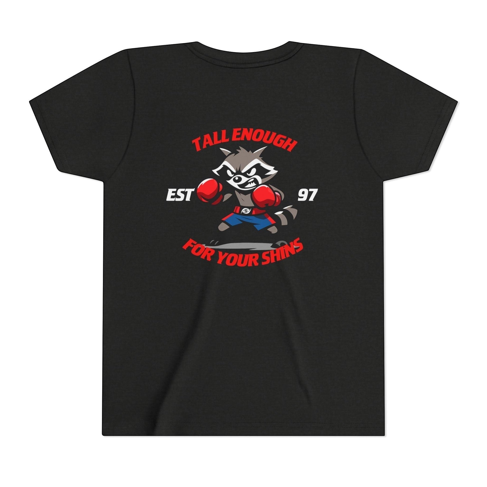 Immortal Krav Maga black 100% cotton youth t-shirt with a cartoon raccoon wearing boxing gloves and shorts, ready to fight.