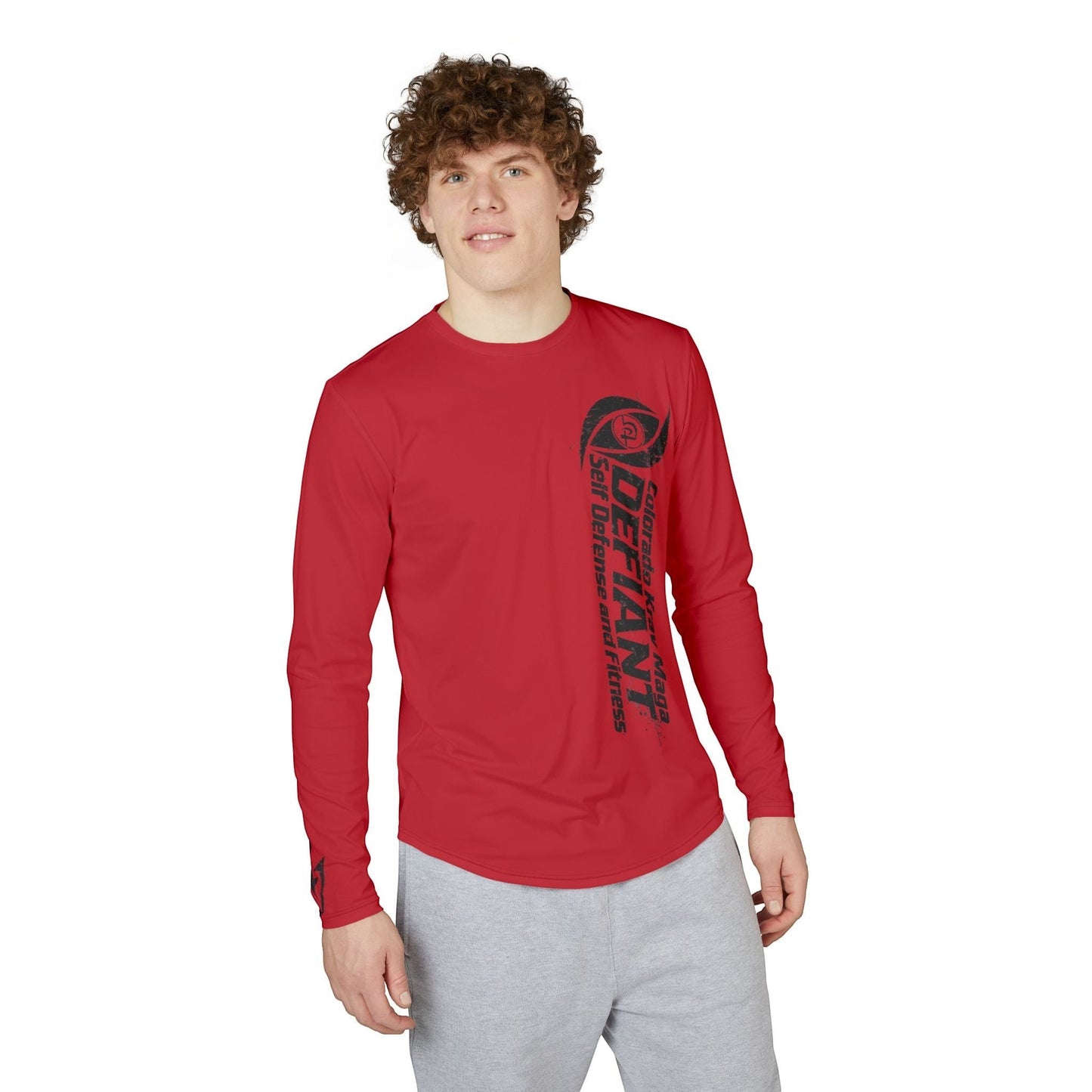 Immortal Krav Maga red long-sleeve UV shirt with "Defiant" graphic on chest. 88% polyester, 12% spandex.