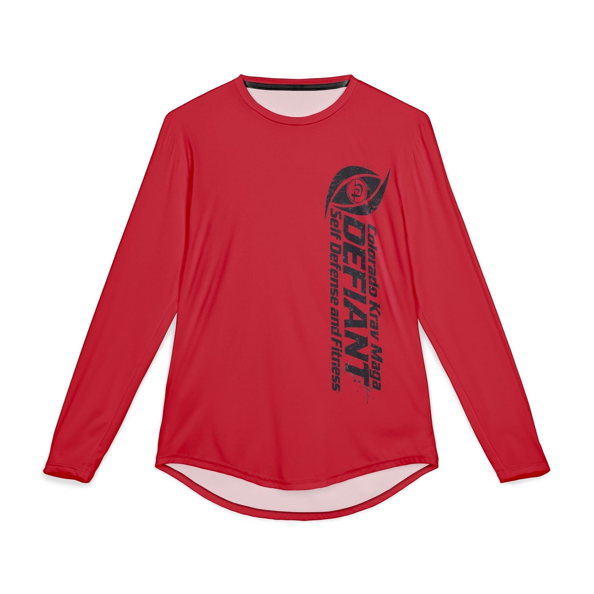Immortal Krav Maga red long-sleeve UV protective shirt with "DEFIANT" graphic and eye logo. 88% polyester, 12% spandex.