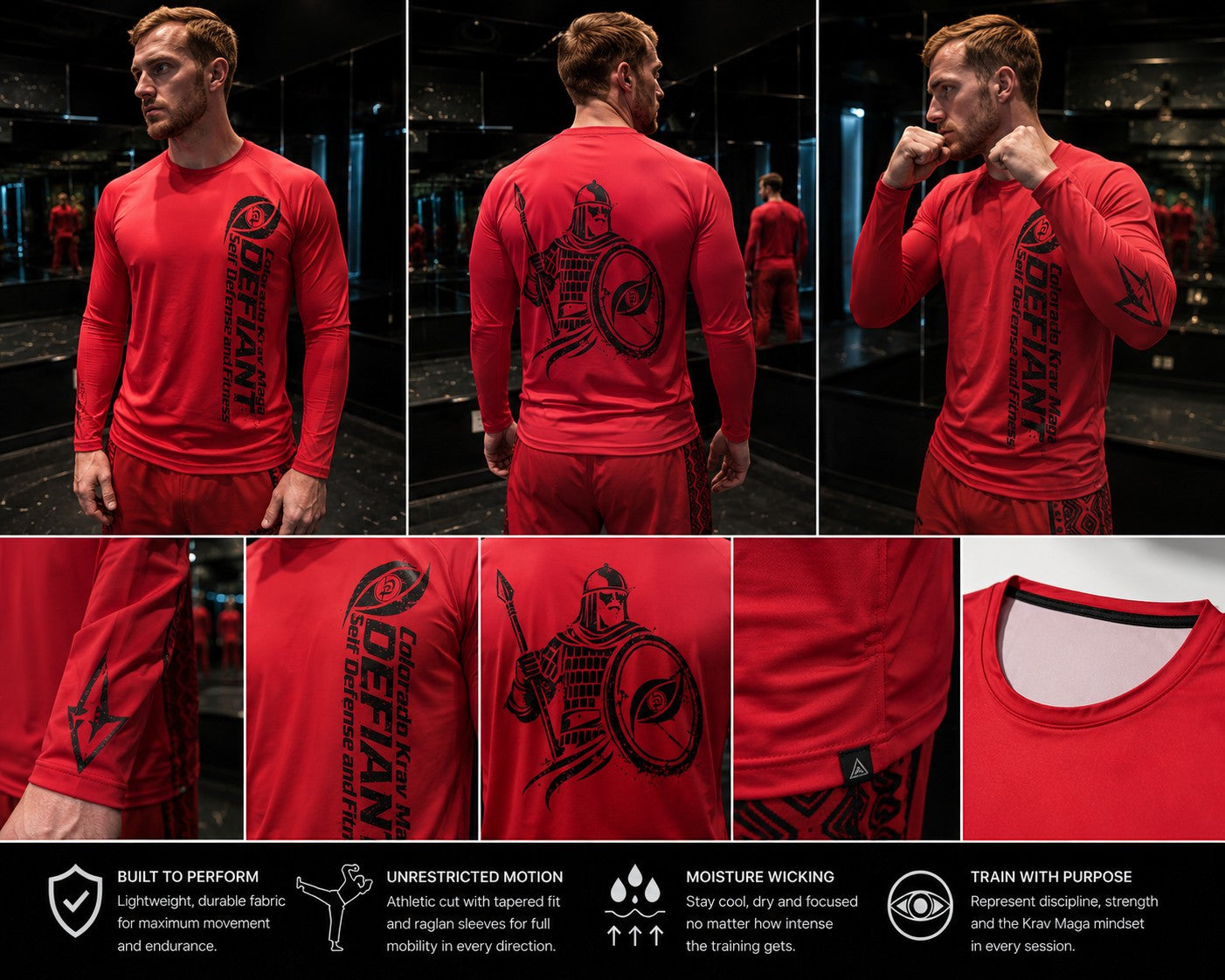 Immortal Krav Maga red long sleeve UV protection shirt with black graphic print on front and back. Polyester-spandex blend.