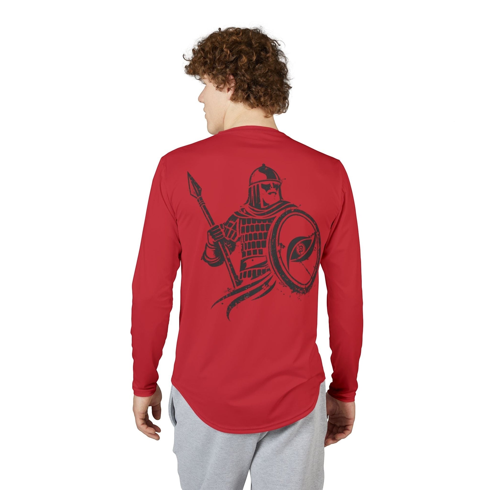 Immortal Krav Maga red long-sleeve UV shirt with warrior graphic on back. 88% polyester, 12% spandex.