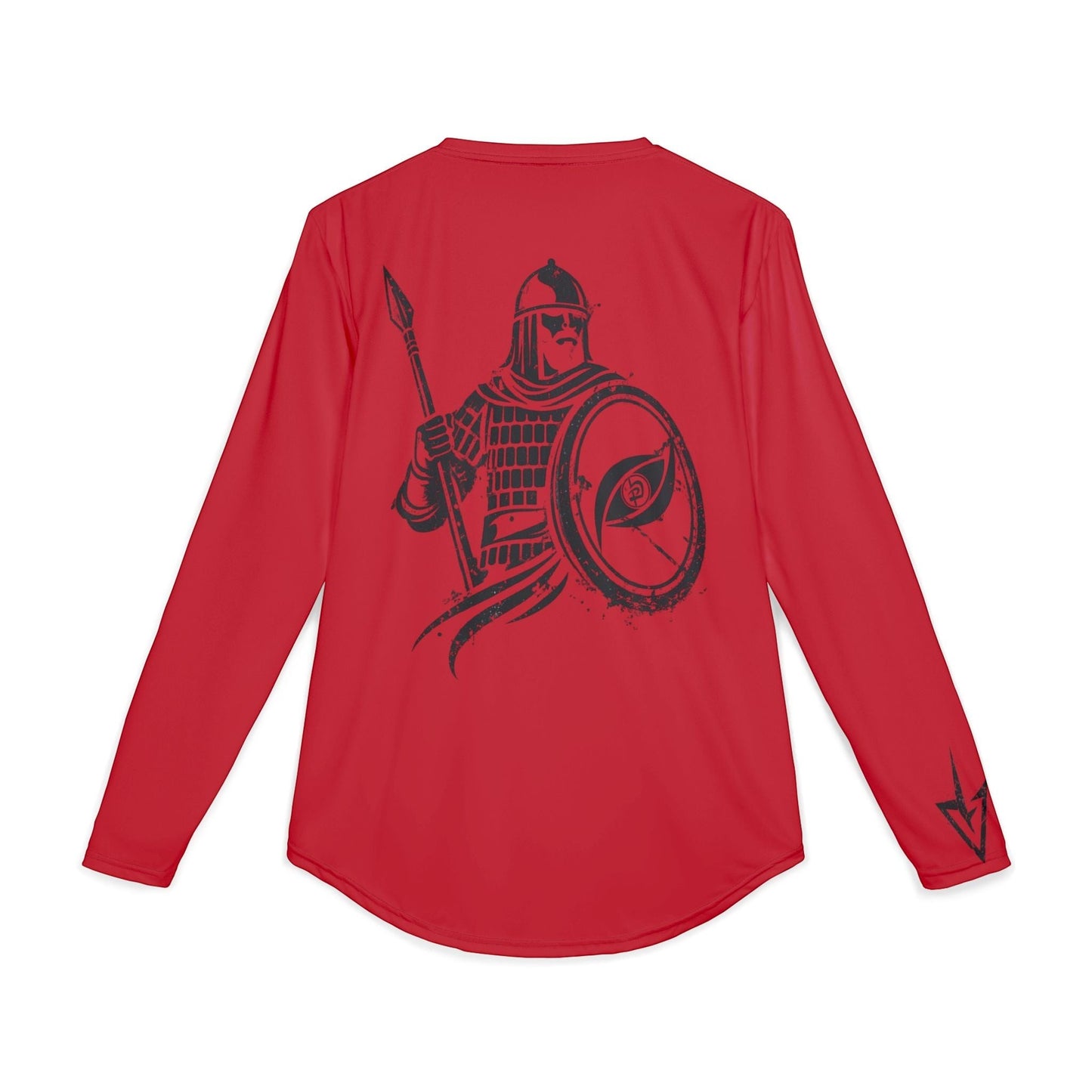 Immortal Krav Maga red long-sleeve UV shirt with warrior graphic on back and sleeve. 88% polyester, 12% spandex.