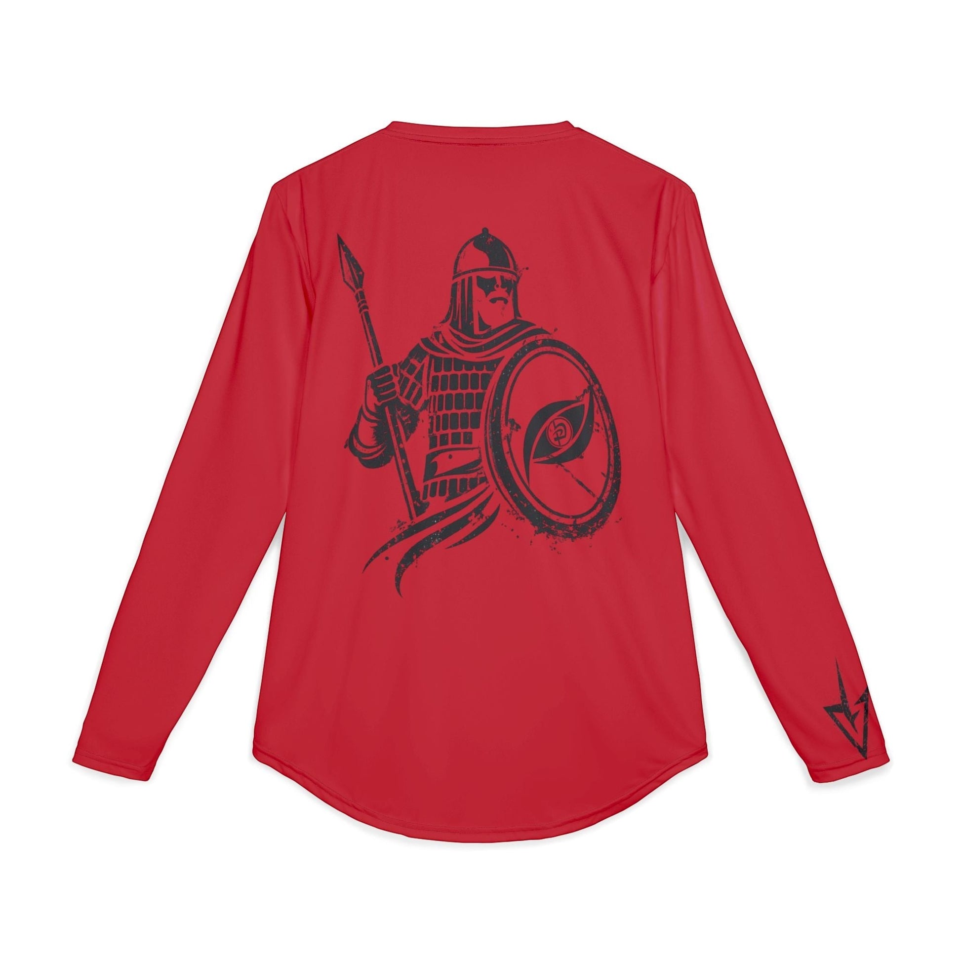 Immortal Krav Maga red long-sleeve UV shirt with warrior graphic on back and sleeve. 88% polyester, 12% spandex.