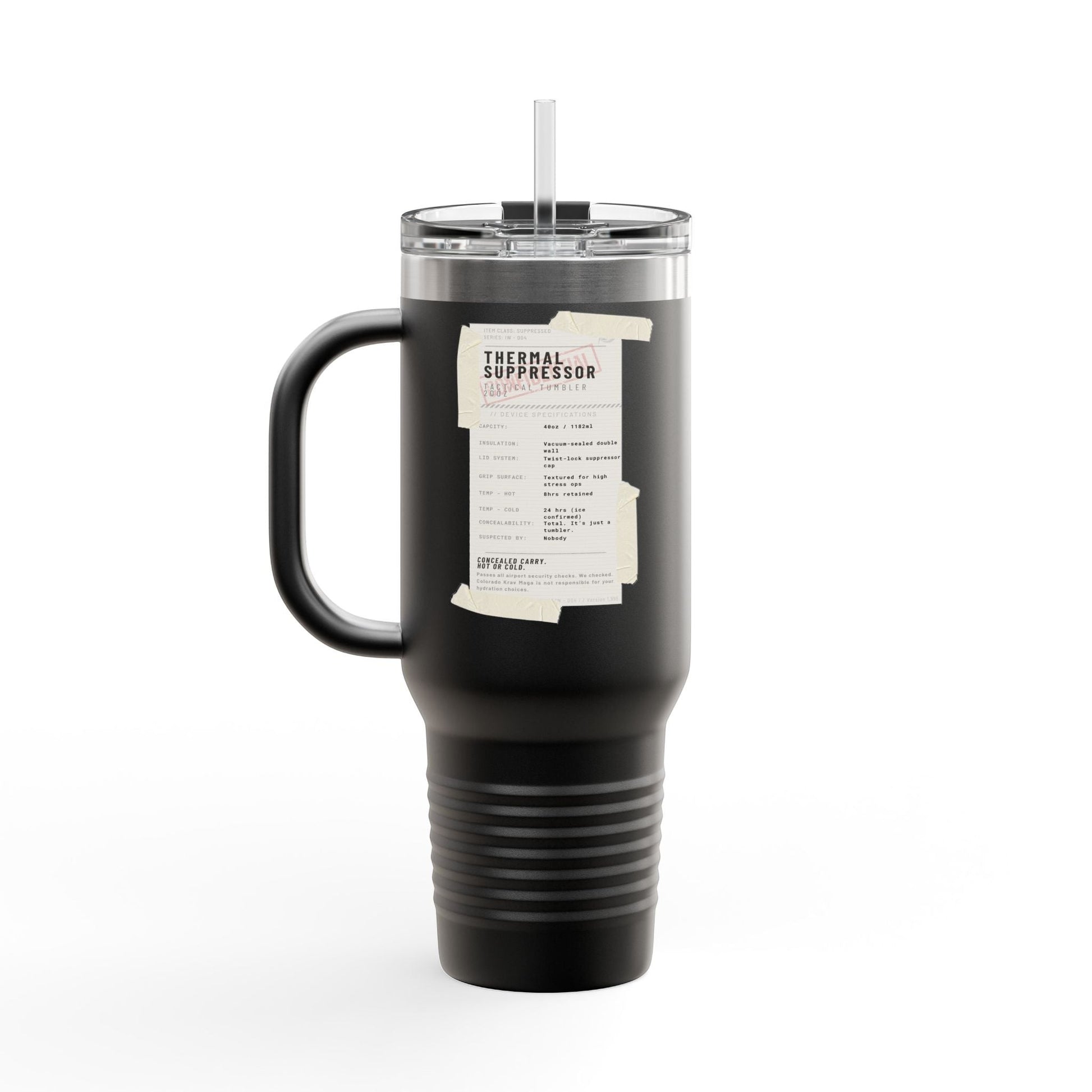 Immortal Krav Maga black 40oz stainless steel tactical tumbler with handle and straw, featuring a "Thermal Suppressor" label.