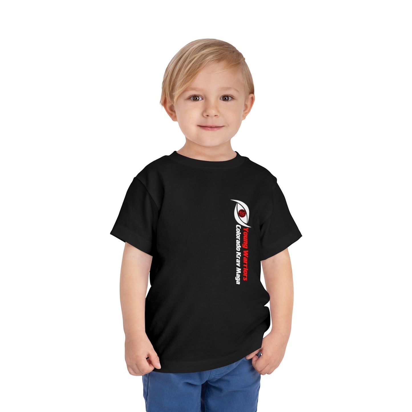 Immortal Krav Maga black 100% cotton toddler tee with "Young Warriors Colorado Krav Maga" graphic on the left chest.