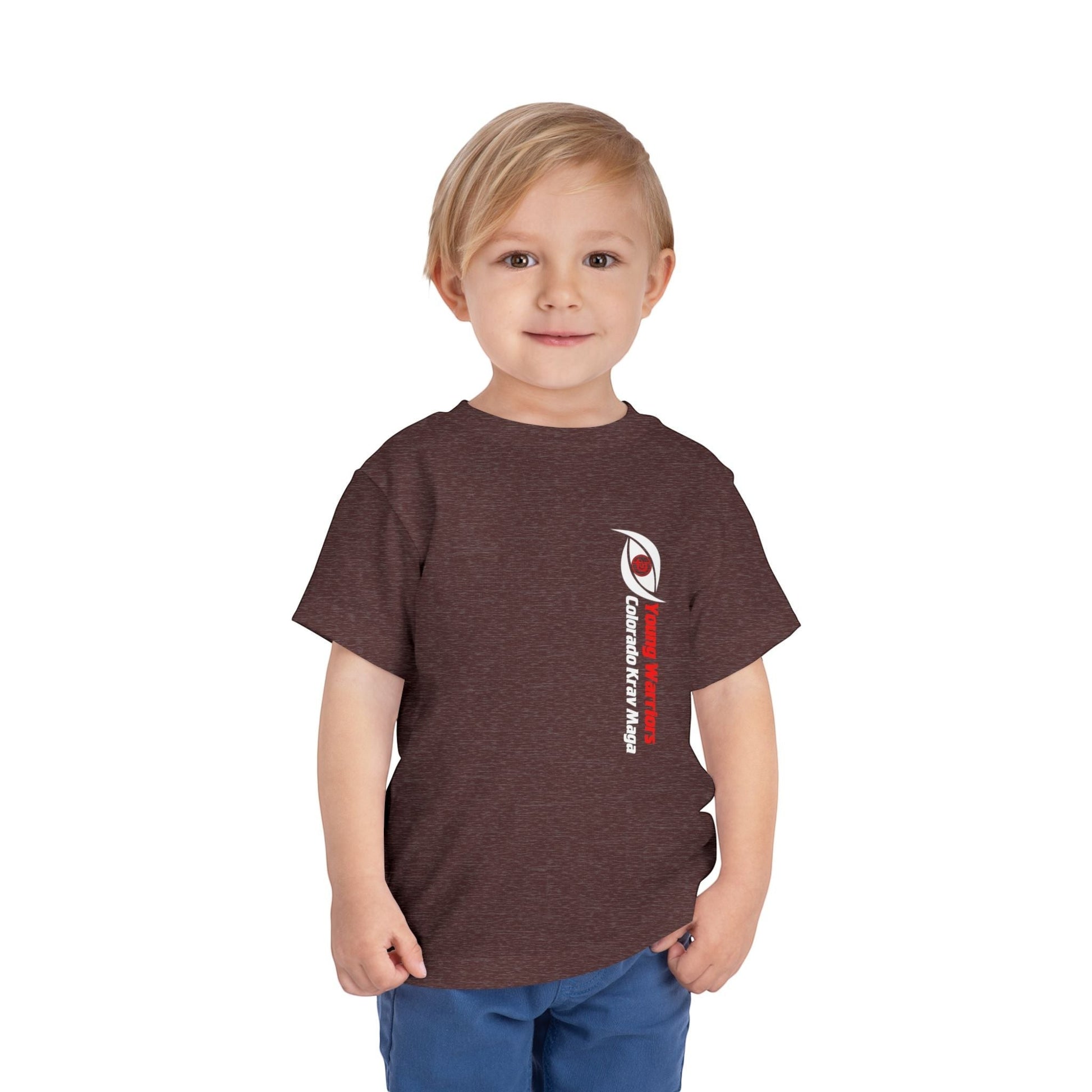 Immortal Krav Maga toddler tee in heather brown, 100% cotton, featuring a vertical logo on the left chest.