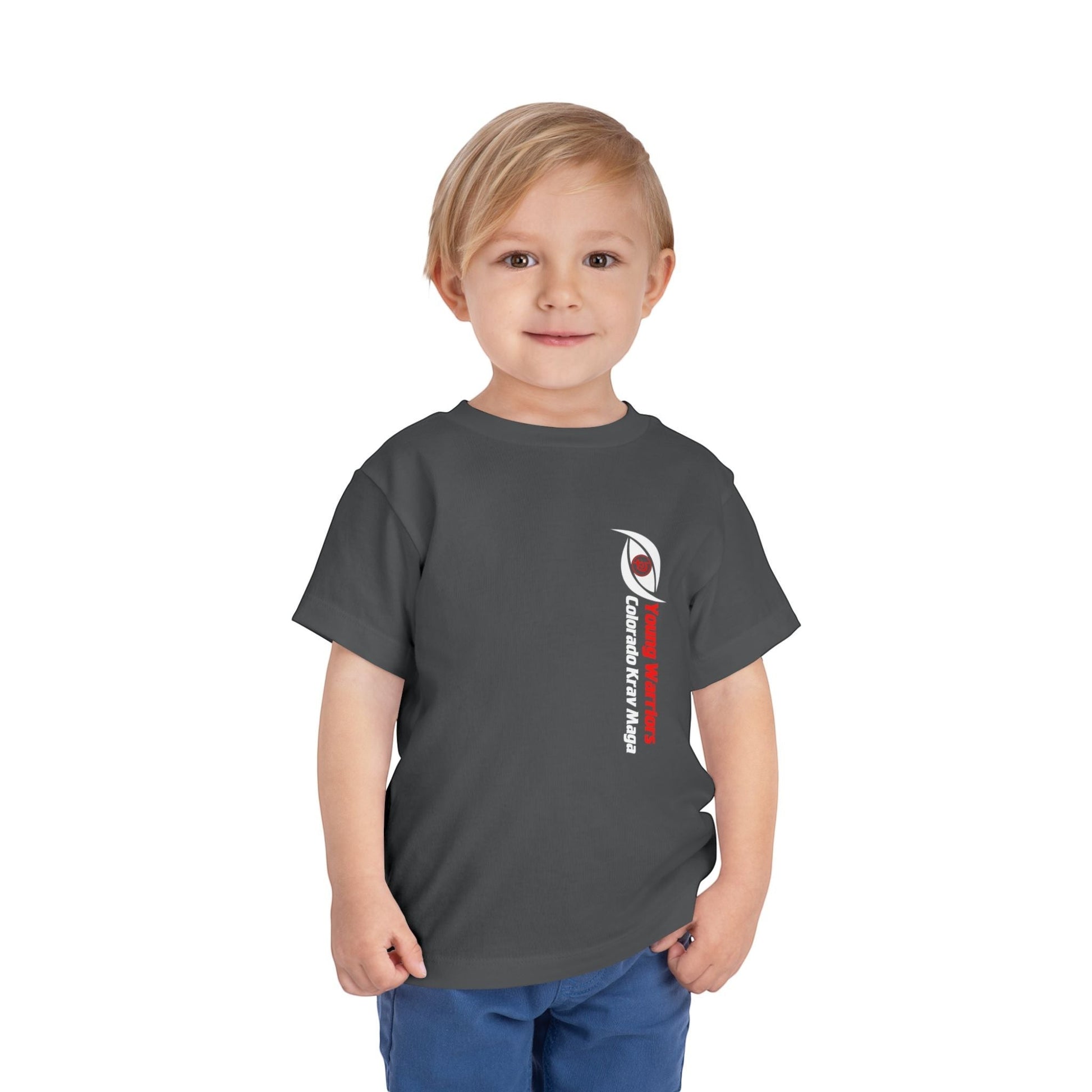 Immortal Krav Maga toddler tee in dark grey, 100% cotton, with a vertical logo on the left chest.