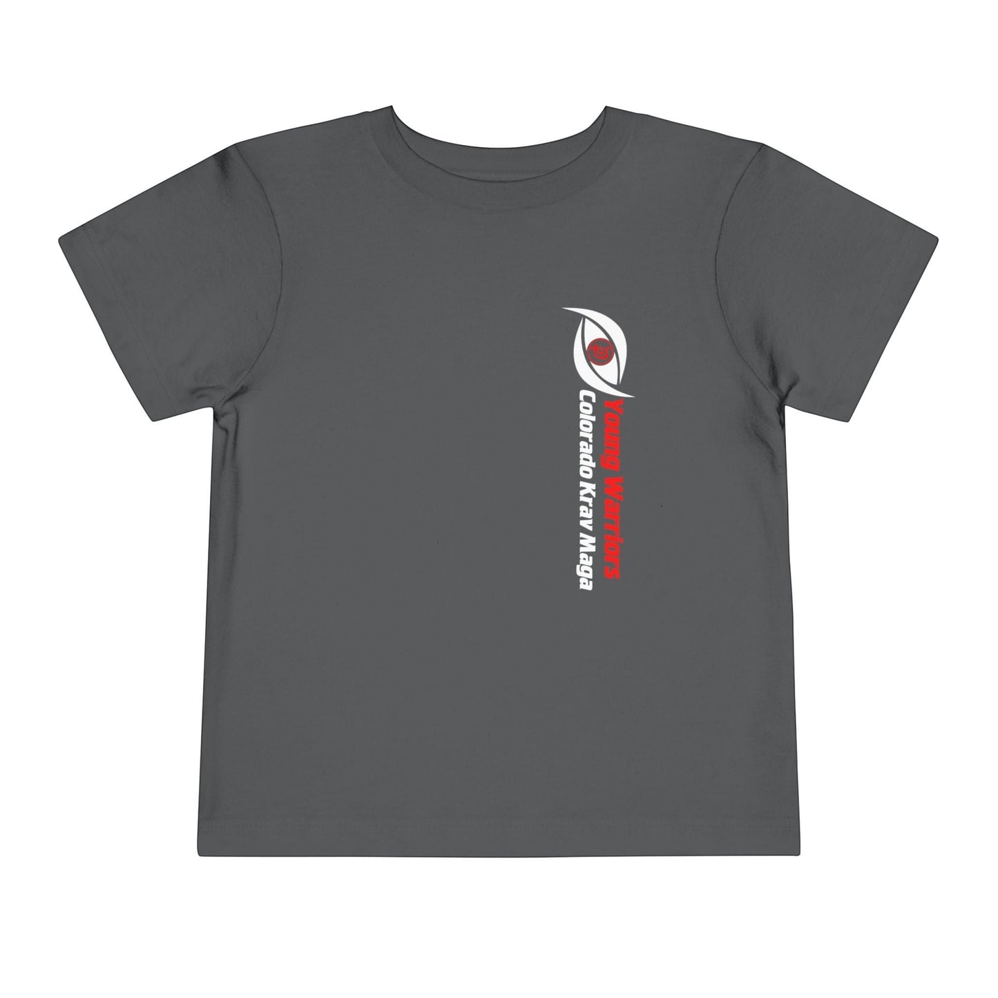 Immortal Krav Maga toddler tee in dark grey, 100% cotton, with vertical logo and text.