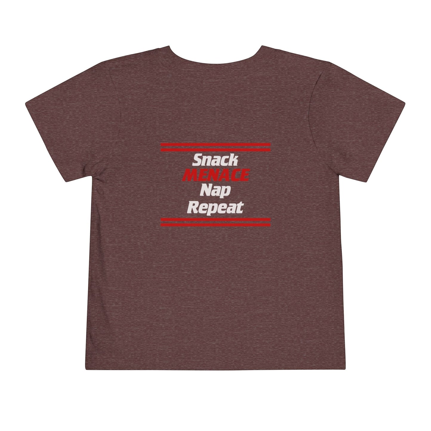Immortal Krav Maga toddler tee in heathered maroon with "SNACK MENACE Nap REPEAT" graphic in red and white.