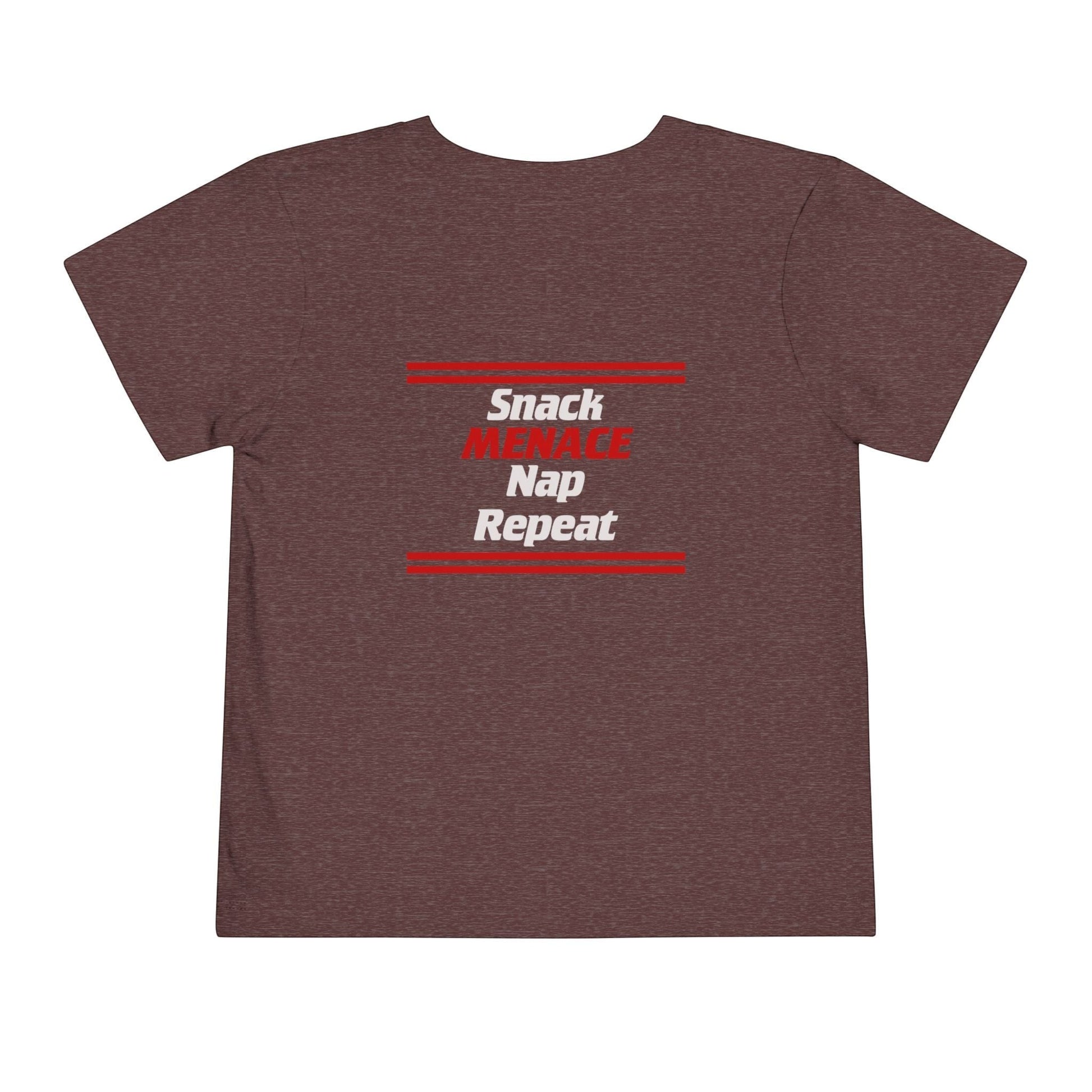 Immortal Krav Maga toddler tee in heathered maroon with "SNACK MENACE Nap REPEAT" graphic in red and white.