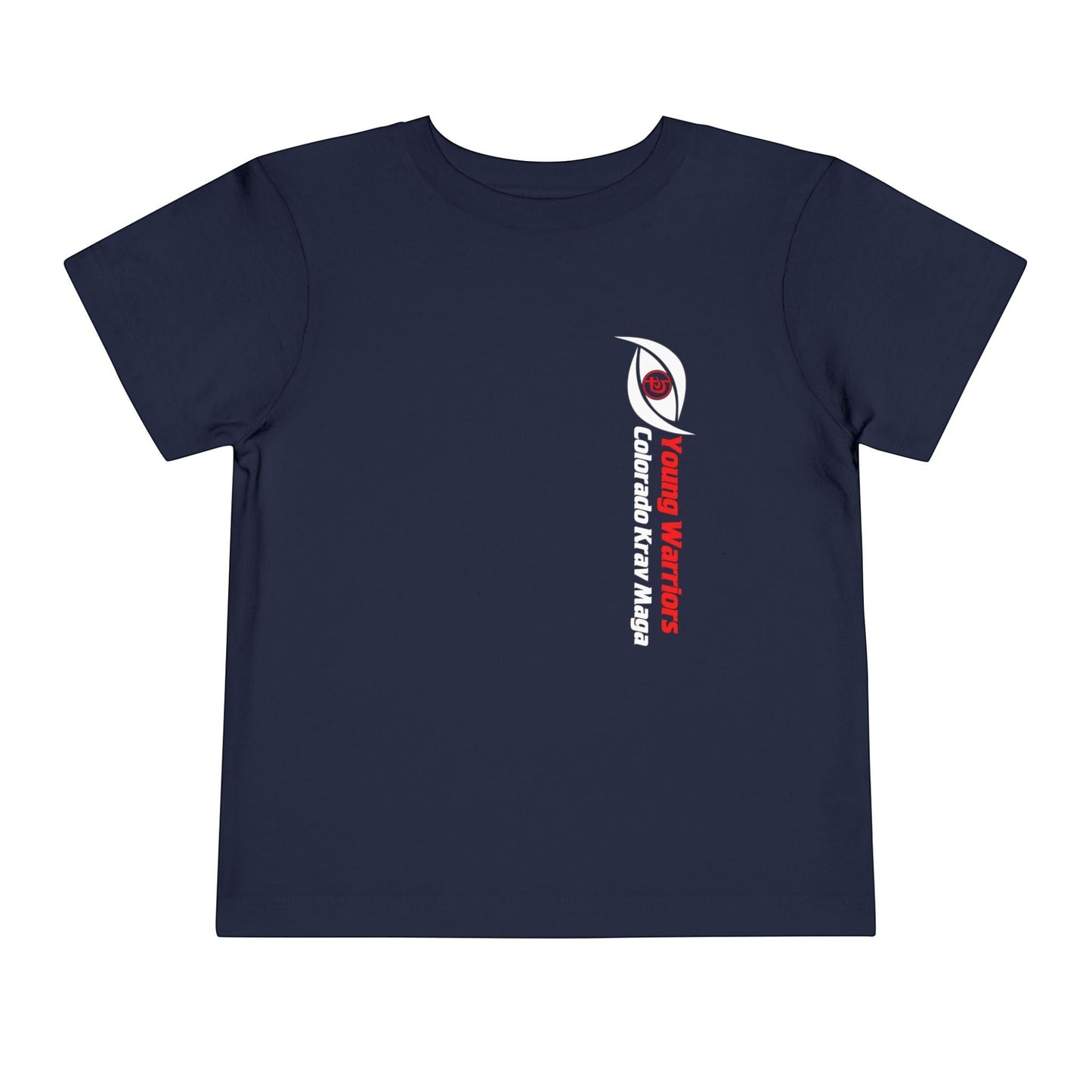 Immortal Krav Maga navy blue toddler tee with "Young Warriors Colorado Krav Maga" text and eye logo.