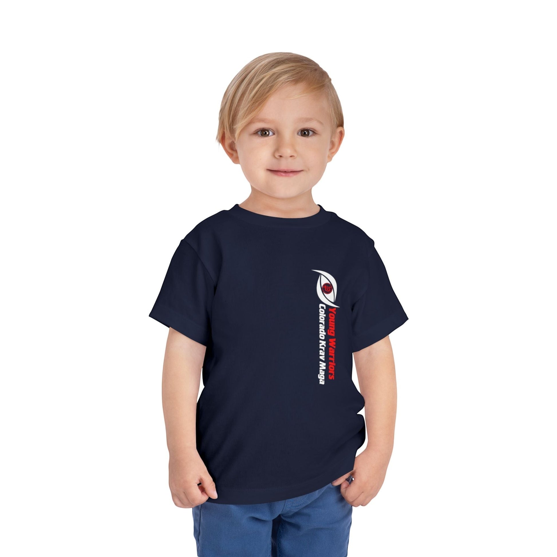Immortal Krav Maga navy blue toddler tee with "Young Warriors Colorado Krav Maga" text and logo on the left chest.