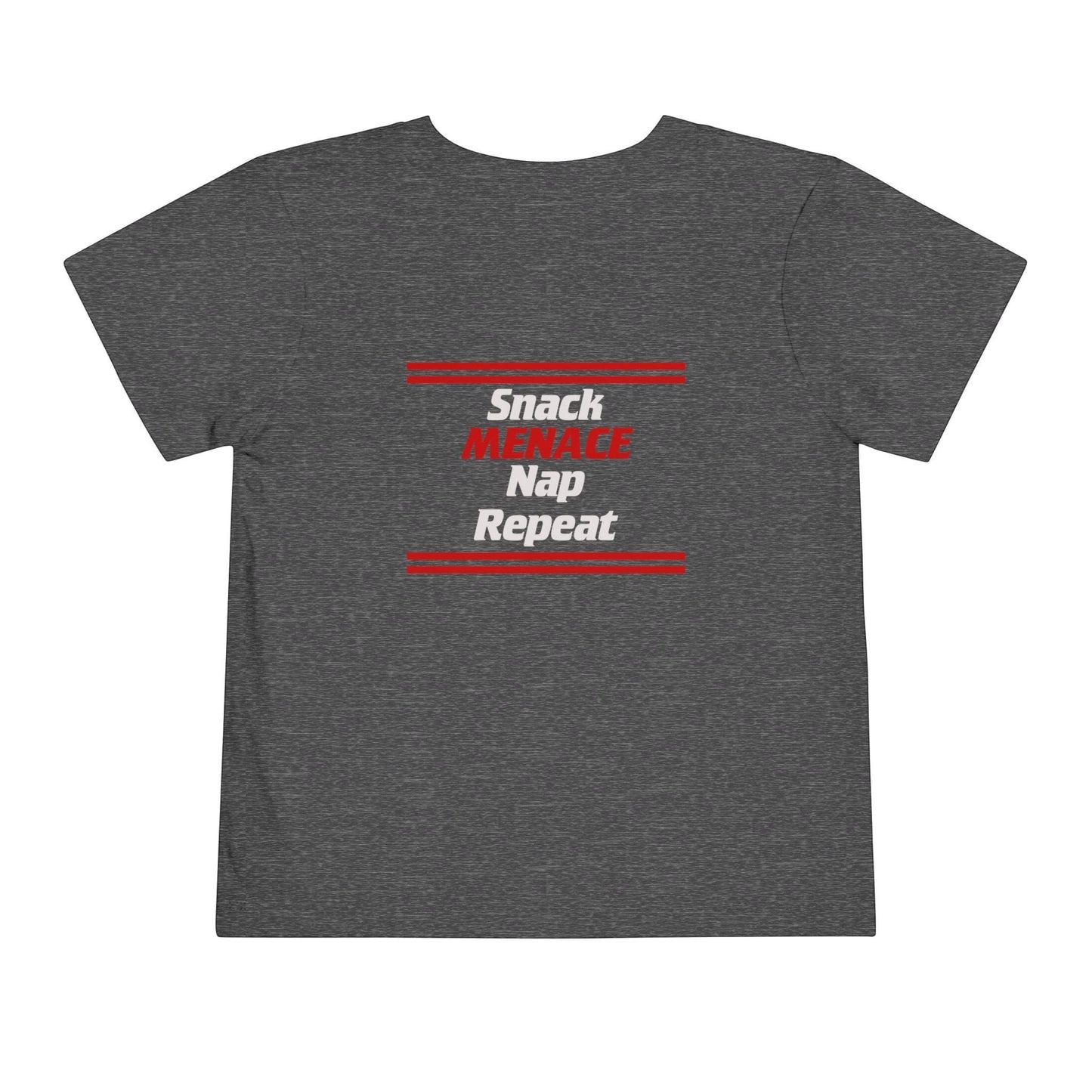 Immortal Krav Maga toddler tee in dark heather grey with "SNACK MENACE Nap REPEAT" graphic in red and white.