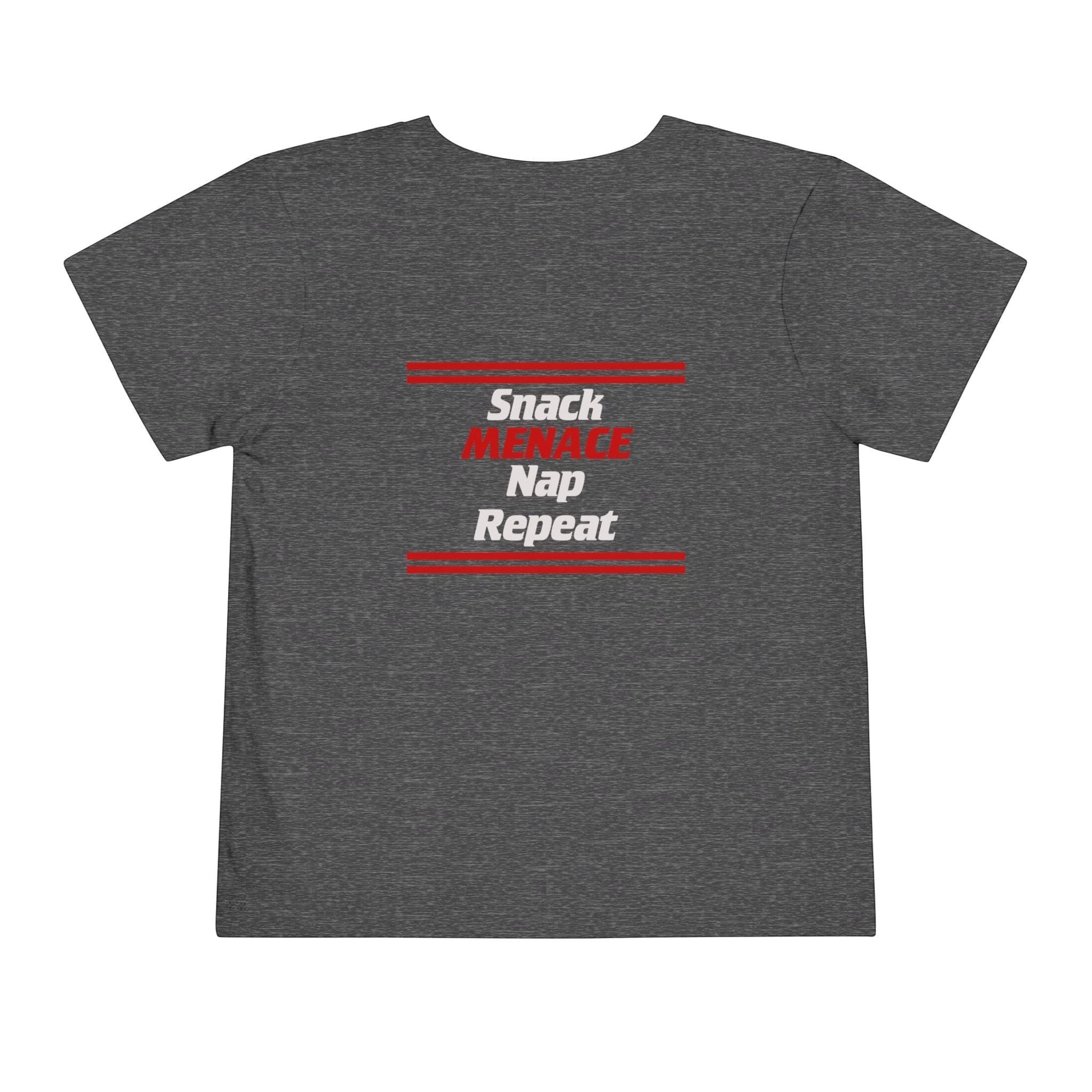 Immortal Krav Maga toddler tee in dark heather grey with "SNACK MENACE Nap REPEAT" graphic in red and white.