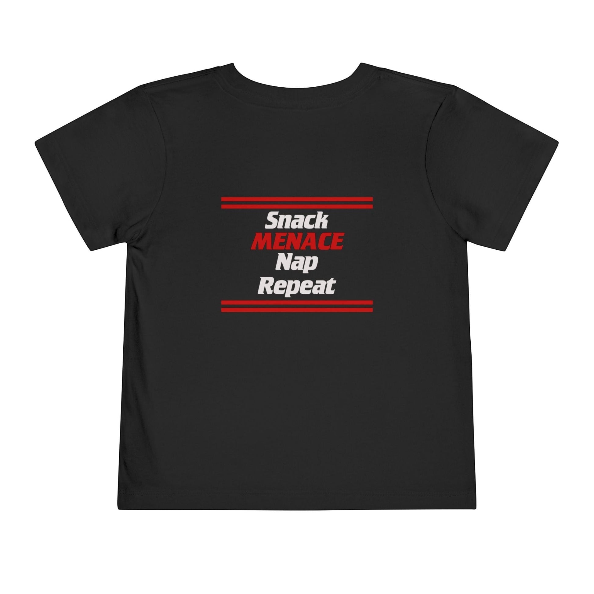 Immortal Krav Maga black toddler tee with "SNACK MENACE NAP REPEAT" graphic in red and white.