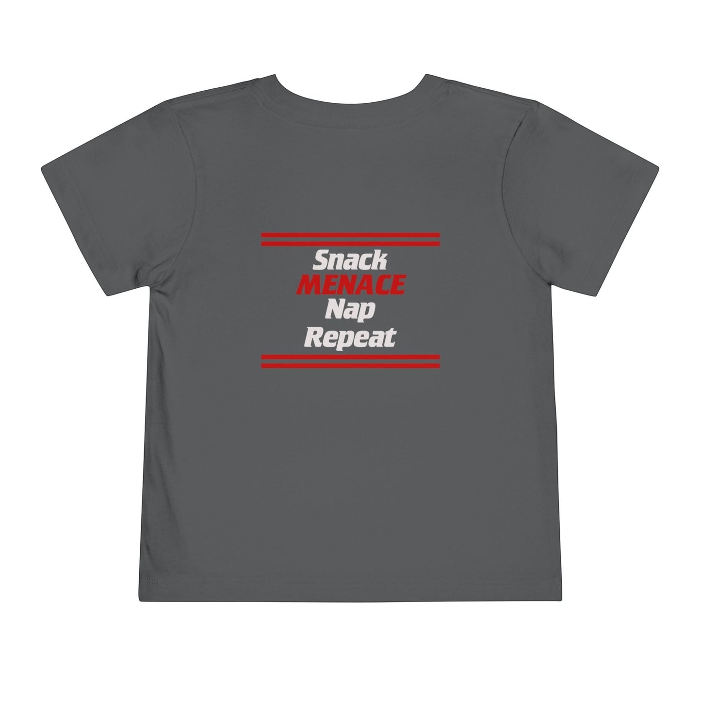 Immortal Krav Maga toddler tee in dark grey with "SNACK MENACE Nap REPEAT" graphic in red and white.