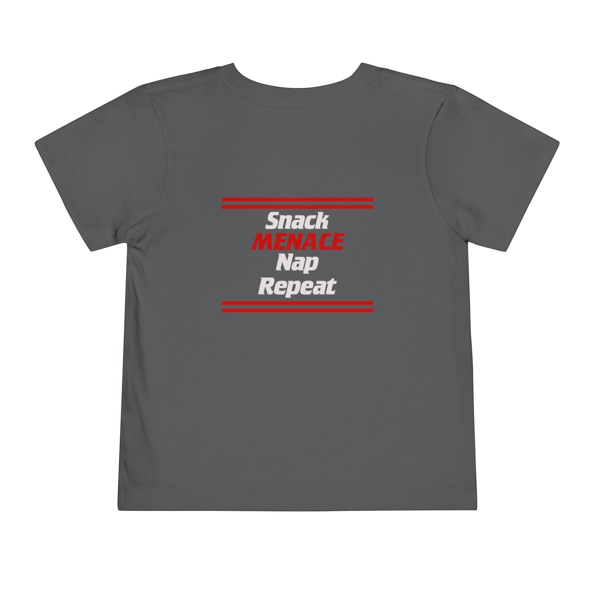 Immortal Krav Maga toddler tee in dark grey with "SNACK MENACE Nap REPEAT" graphic in red and white.