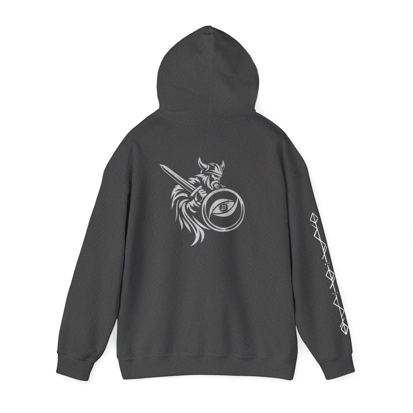 Immortal Krav Maga dark grey cotton-poly blend hoodie with Viking warrior graphic on back and geometric pattern on sleeve.