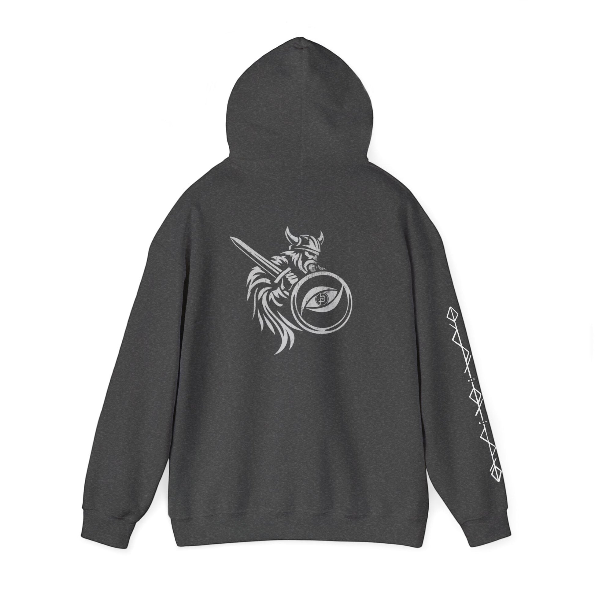 Immortal Krav Maga dark grey cotton-poly blend hoodie with Viking warrior graphic on back and geometric pattern on sleeve.