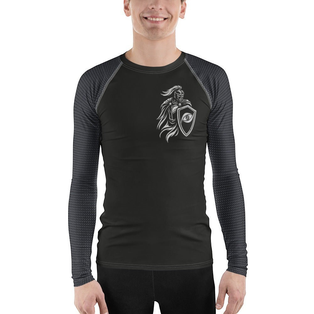 Immortal Krav Maga black long-sleeve rash guard with a warrior graphic on chest and patterned sleeves. Slim fit.
