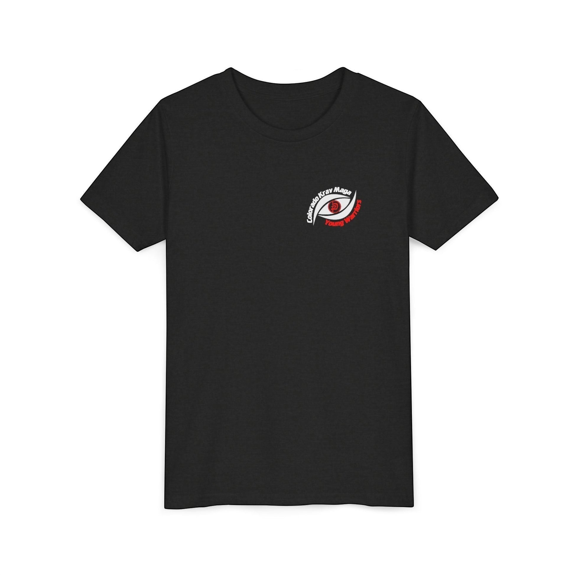 Immortal Krav Maga youth black 100% cotton t-shirt with a small embroidered eye logo on the left chest.