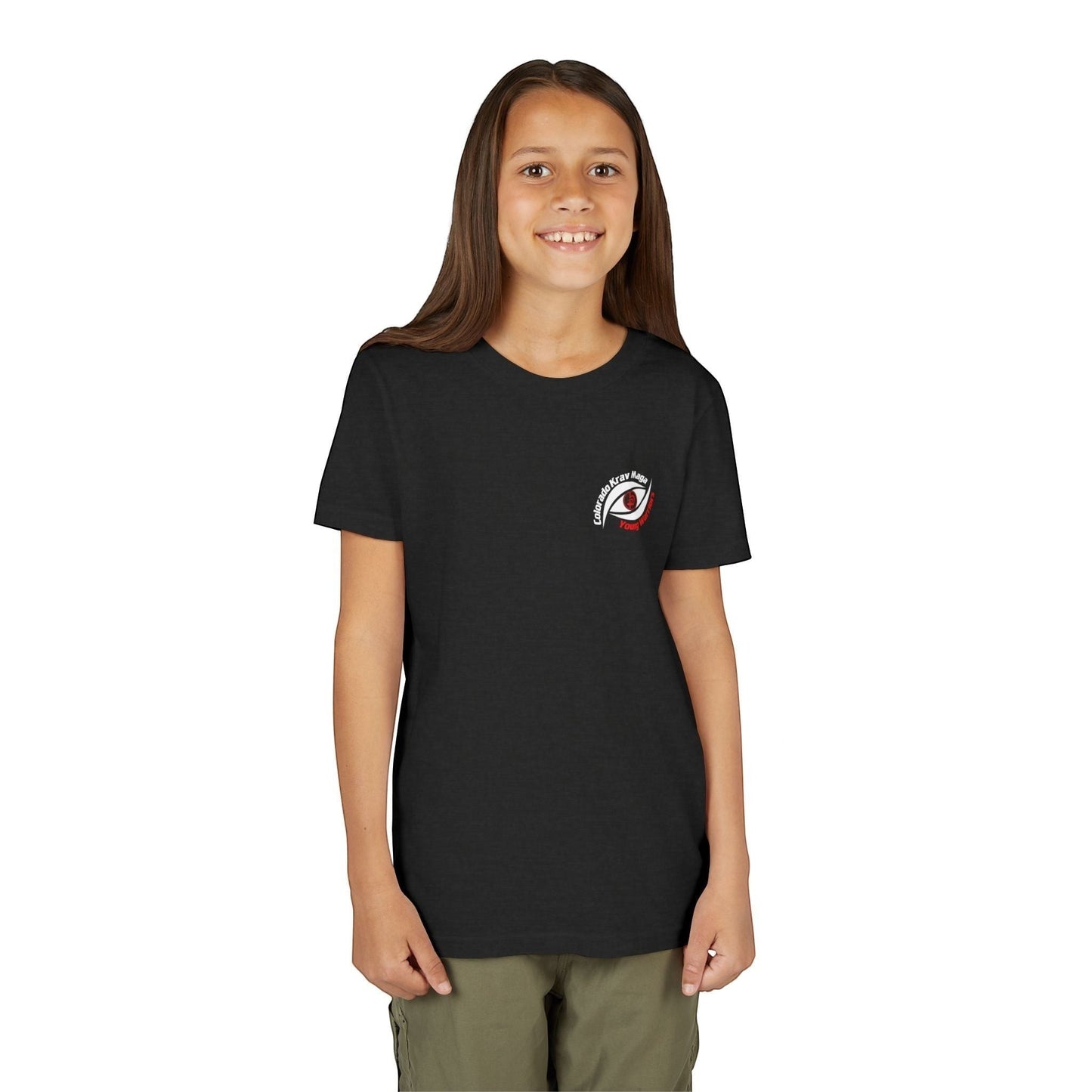 Immortal Krav Maga black youth cotton t-shirt with a cartoon raccoon wearing boxing gloves and shorts, ready to fight.