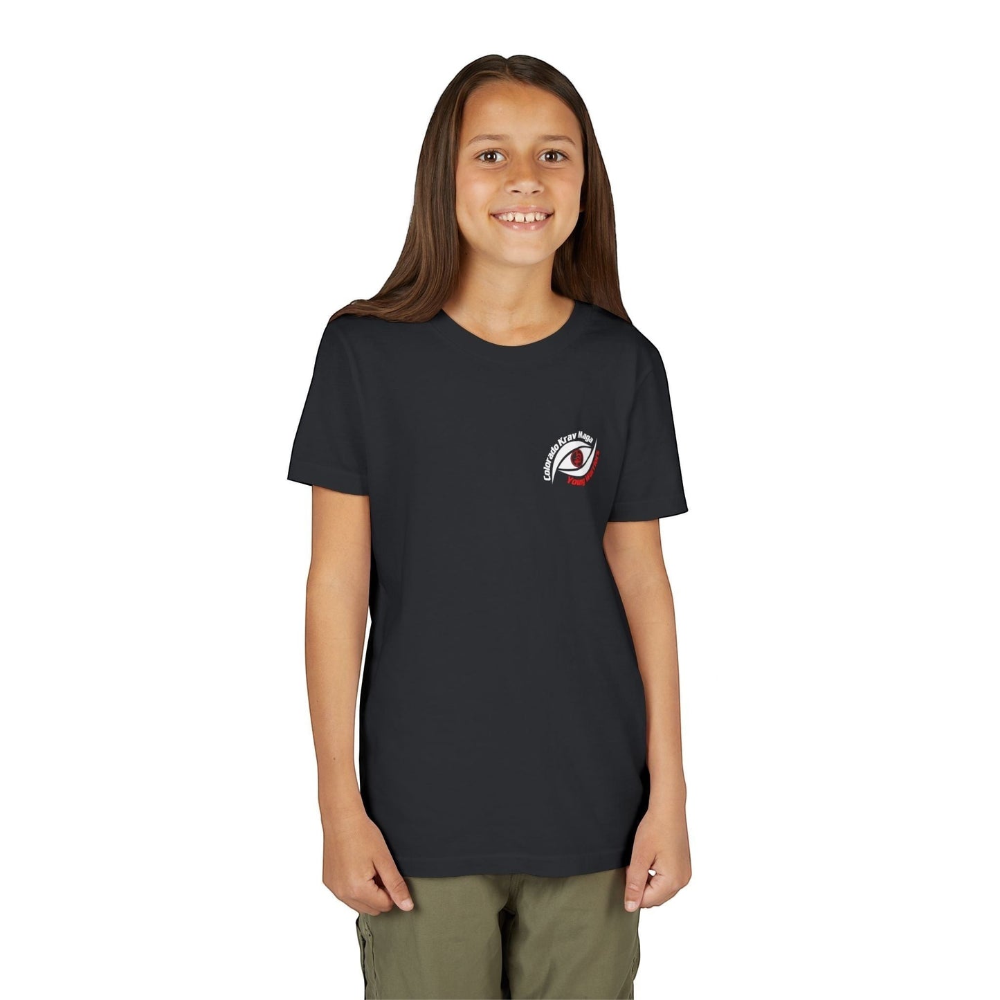 Immortal Krav Maga youth black 100% cotton t-shirt with a small red and white graphic on the left chest.