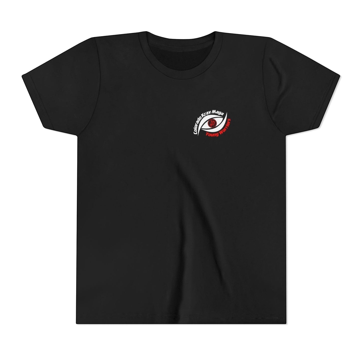 Immortal Krav Maga youth black 100% cotton t-shirt with 'Colorado Krav Maga Young Warriors' eye graphic on chest.
