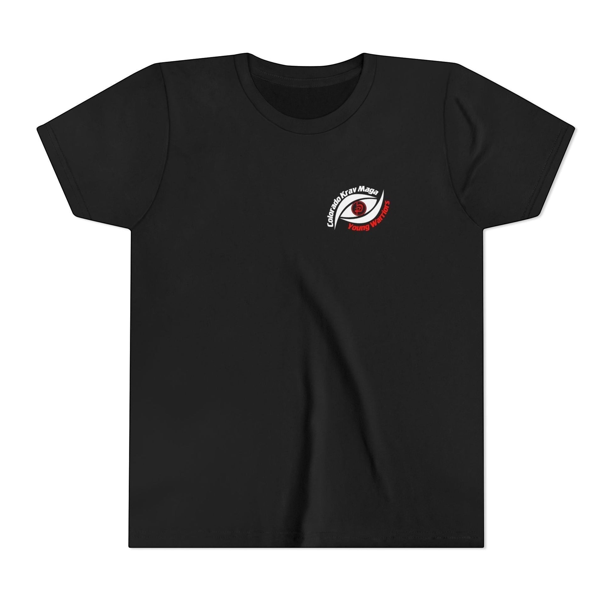 Immortal Krav Maga youth black 100% cotton t-shirt with 'Colorado Krav Maga Young Warriors' eye graphic on chest.
