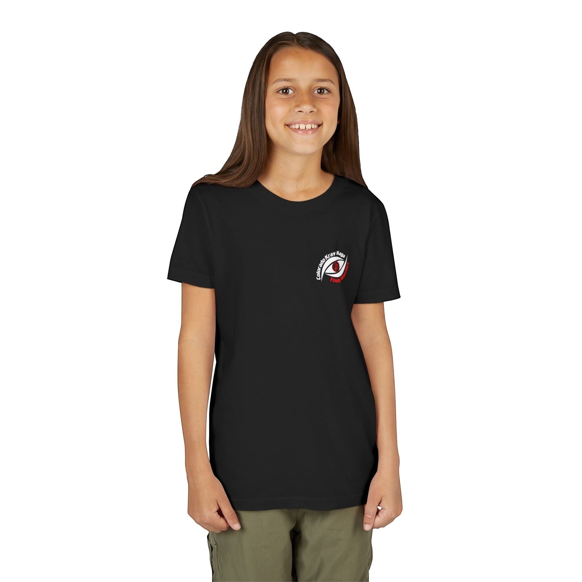 Immortal Krav Maga youth black 100% cotton t-shirt with a small graphic on the left chest featuring an eye and text.