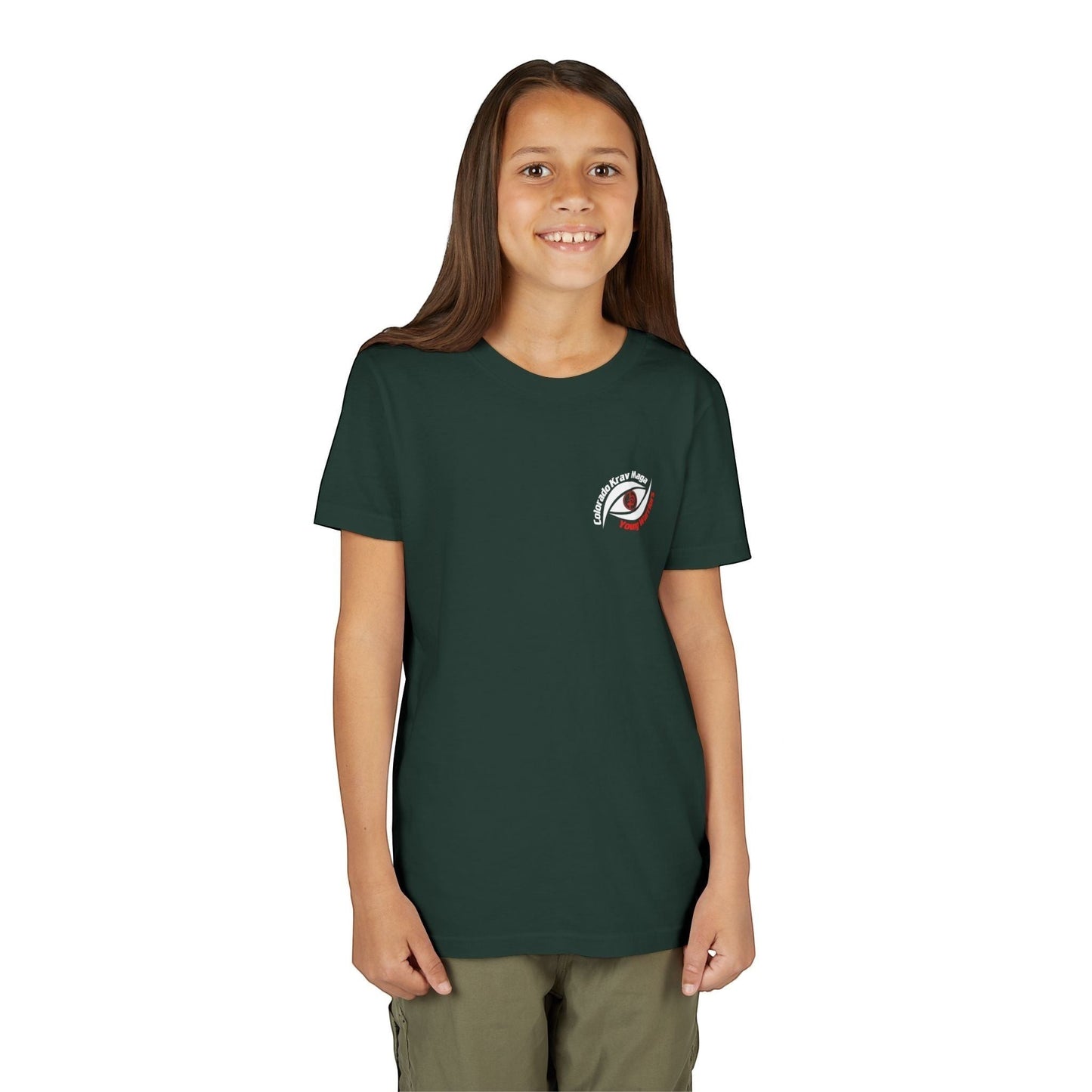 Immortal Krav Maga youth dark green 100% cotton t-shirt with a small graphic logo on the left chest.