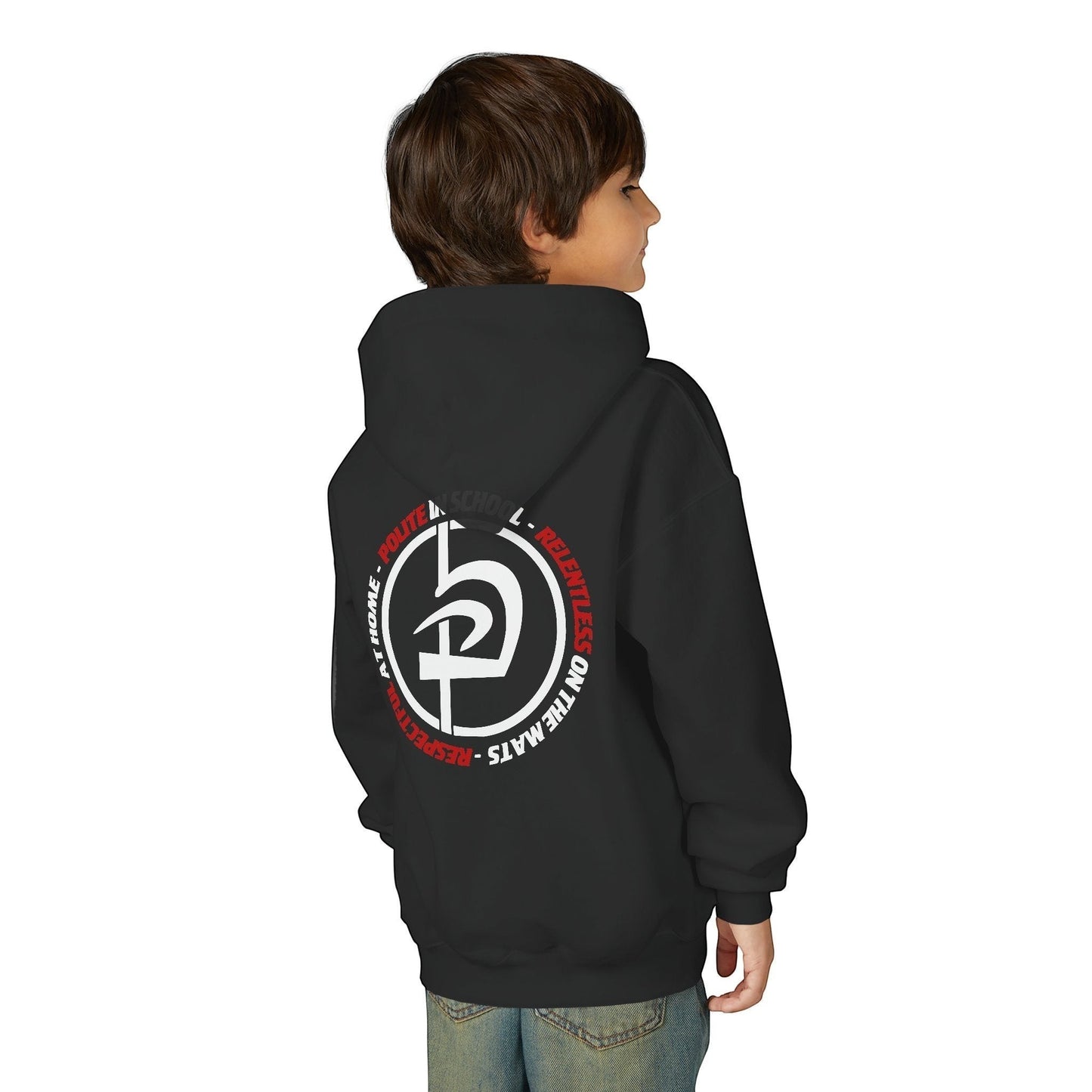 Immortal Krav Maga black youth hoodie with 'Polite Respectful Relentless' graphic on back. 50/50 cotton-poly.