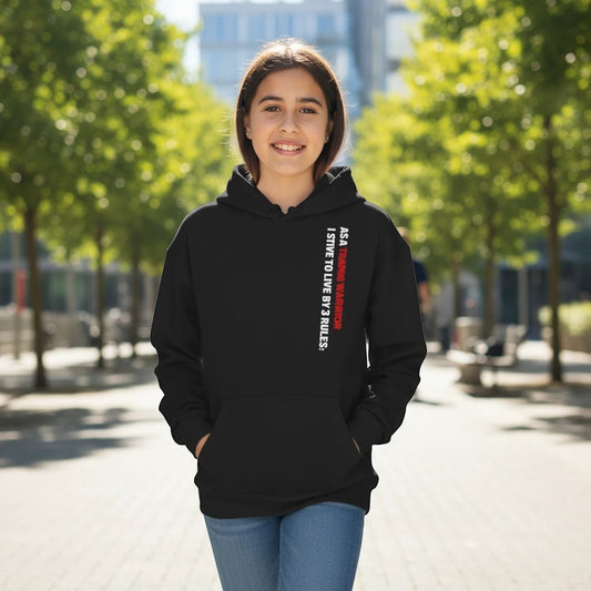 Immortal Krav Maga black youth hoodie with vertical red and white text reading 'AS A TRAINING WARRIOR I STRIVE TO LIVE BY 3 RULES:'