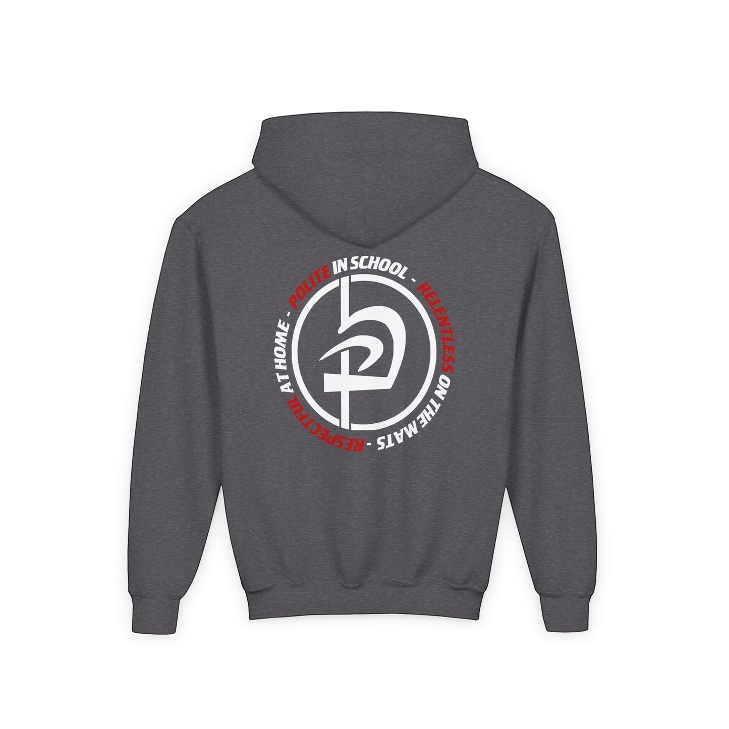 Immortal Krav Maga youth hoodie in charcoal grey with 'Polite in School, Respectful at Home, Relentless on the Mats' graphic on back.