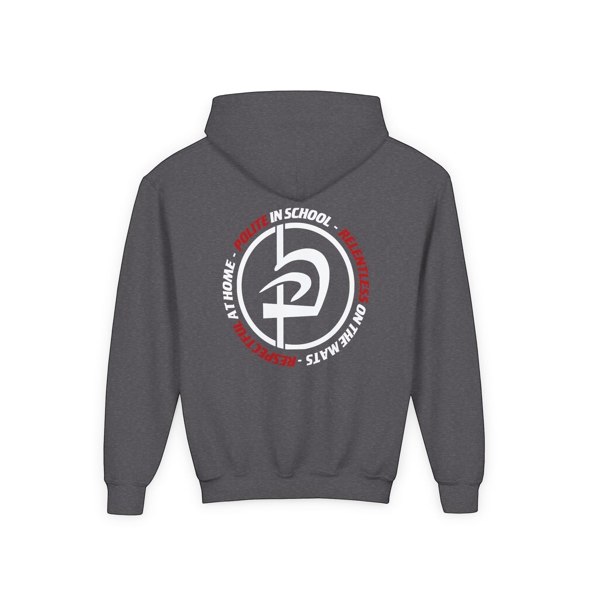 Immortal Krav Maga youth hoodie in charcoal grey with 'Polite in School, Respectful at Home, Relentless on the Mats' graphic on back.