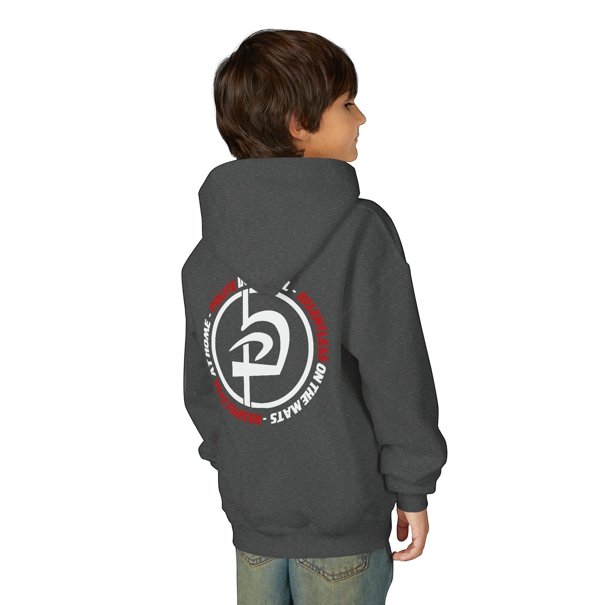 Immortal Krav Maga youth dark grey hoodie with 'Polite Respectful Relentless' graphic on back. 50/50 cotton-poly.
